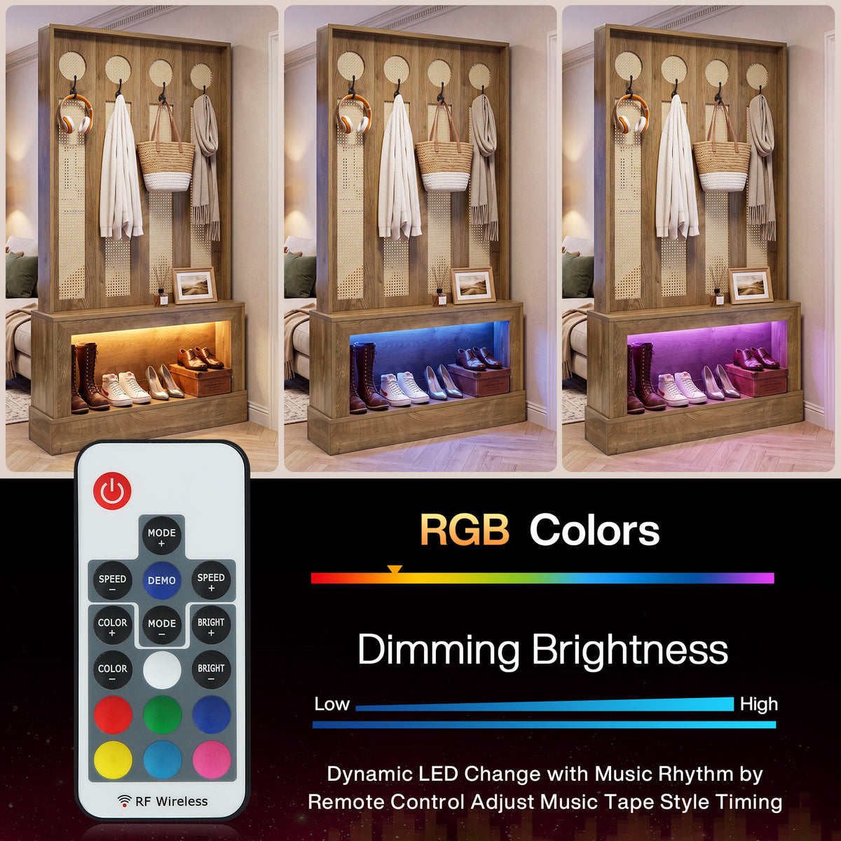 Divisorio in Rattan con Luce LED, Ripiani e 4 Ganci, 177 cm, per Soggiorno