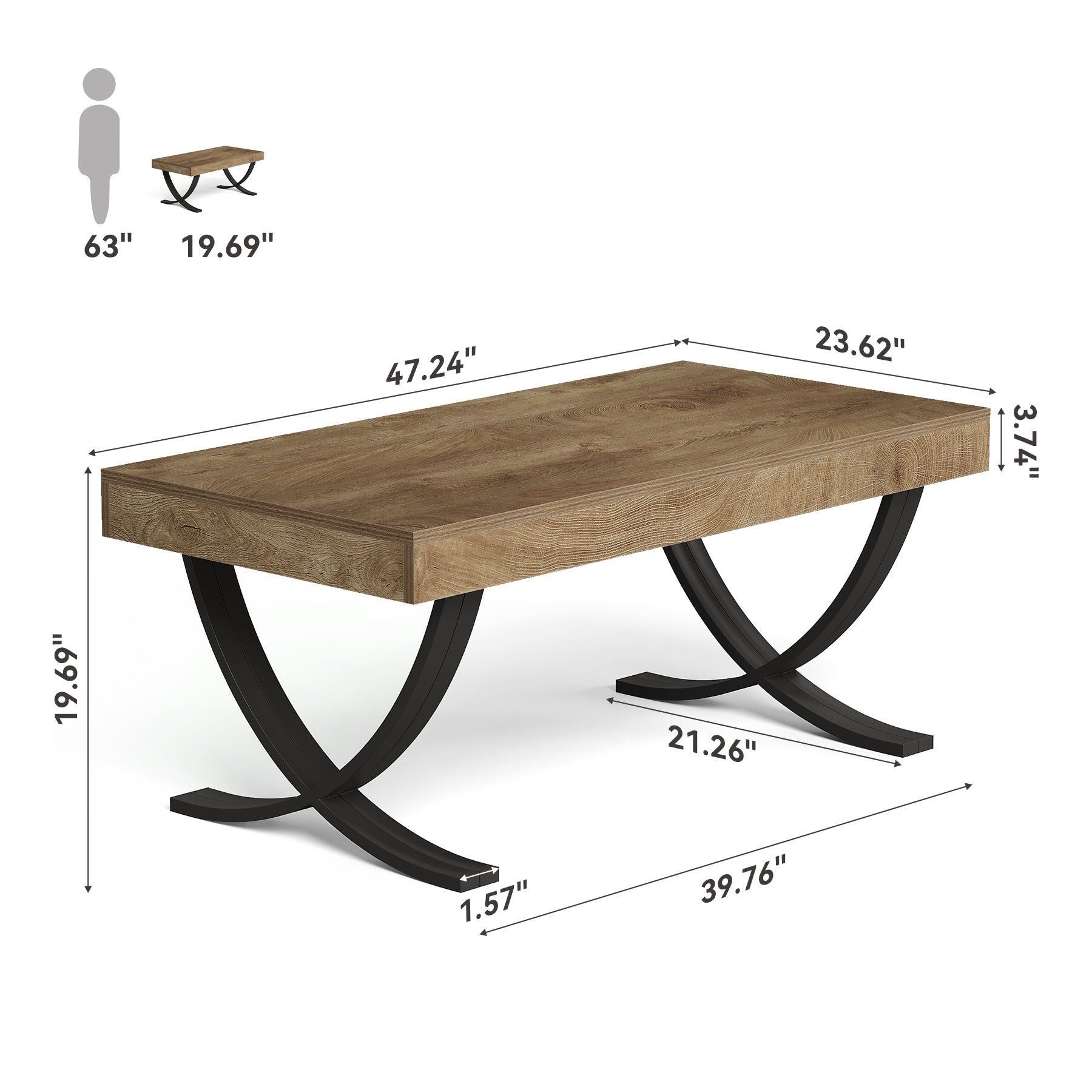 Tribesigns Tavolini da caffè, 120 cm tavolino rettangolare con gambe incrociate curve.