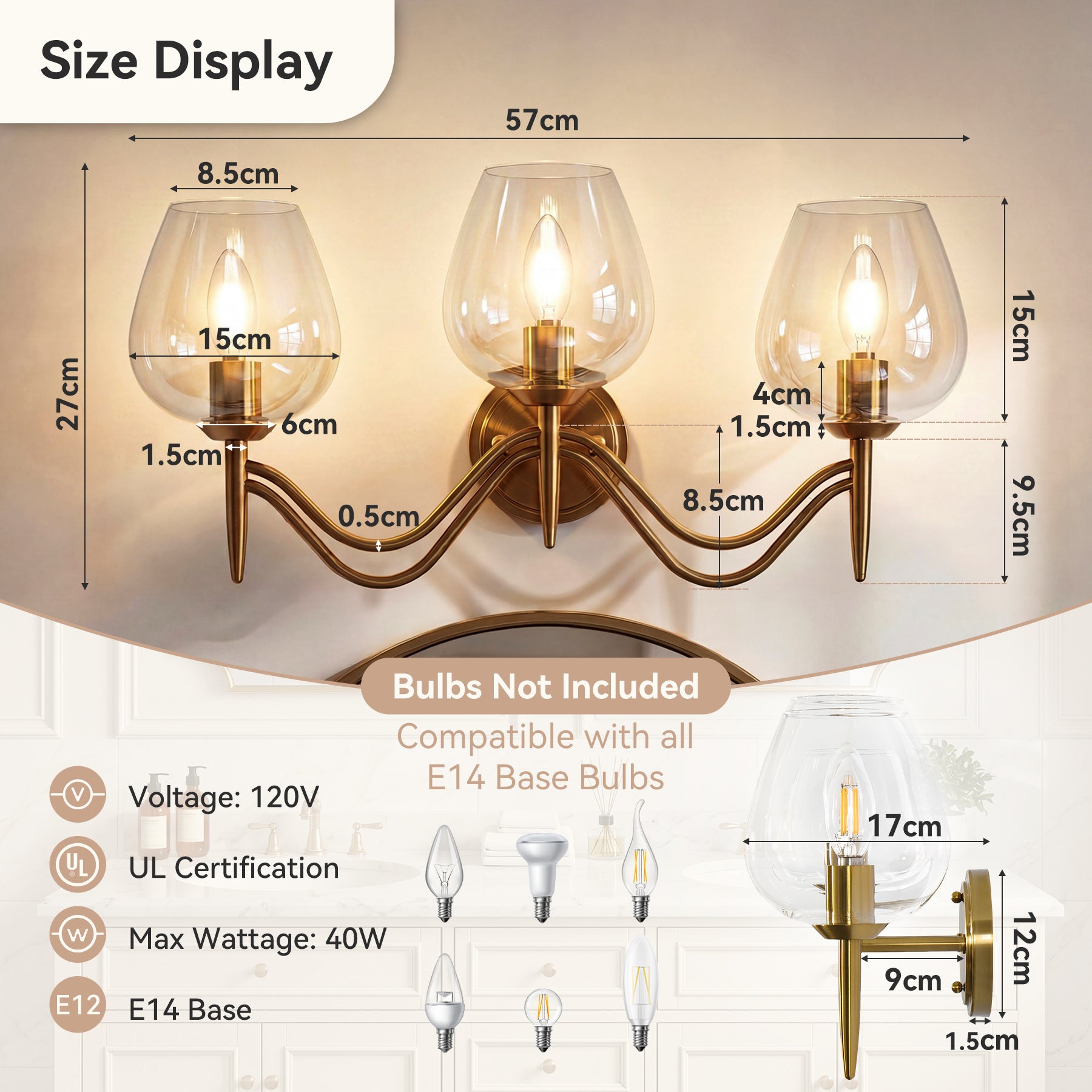 Applique da Bagno a 3 Luci E14 in Ottone con Vetro Trasparente, 58 cm, per Specchio