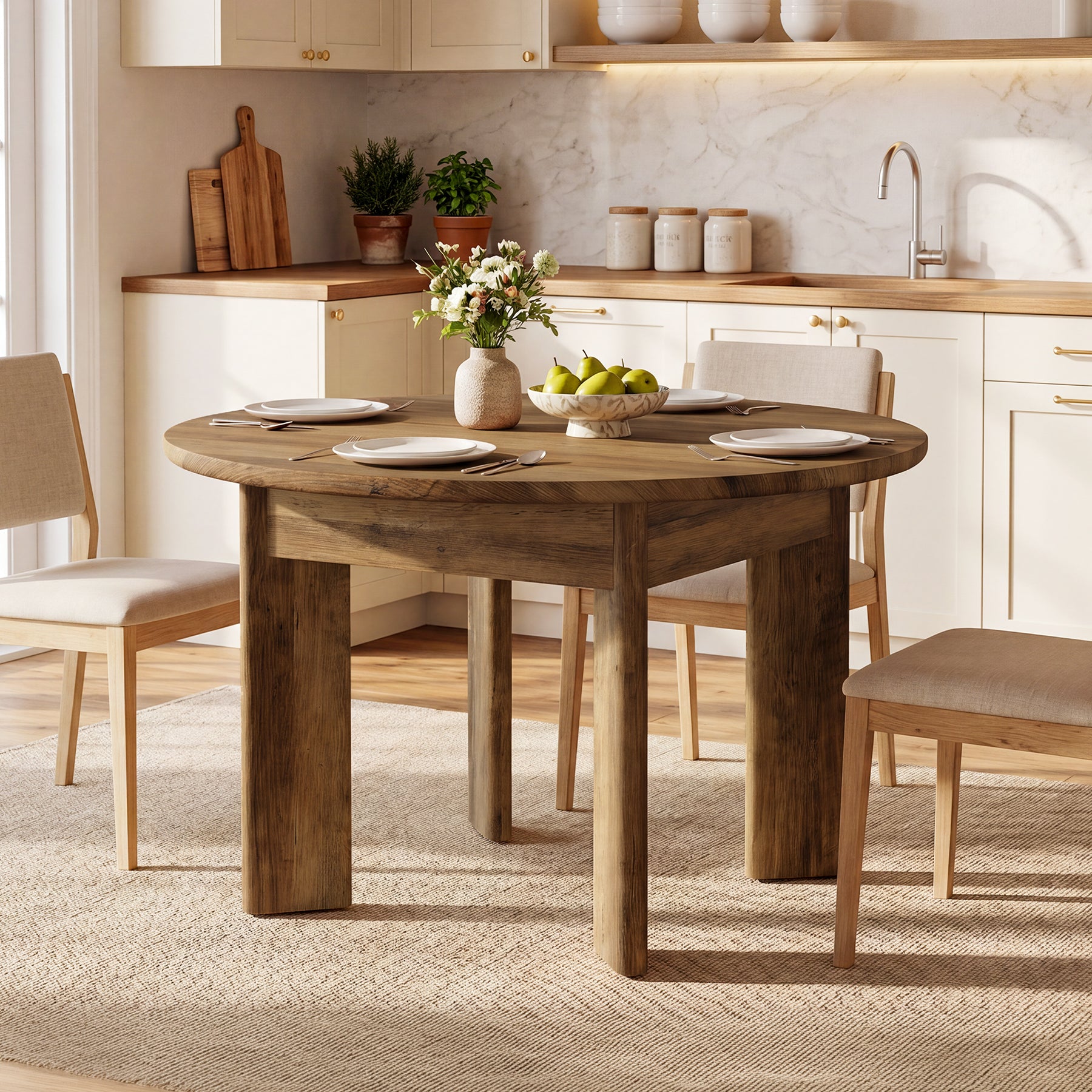 Tavolo da Pranzo Rotondo Moderno con Bordi Arrotondati e Gambe Spesse, Ø 100 cm, per 4 Persone