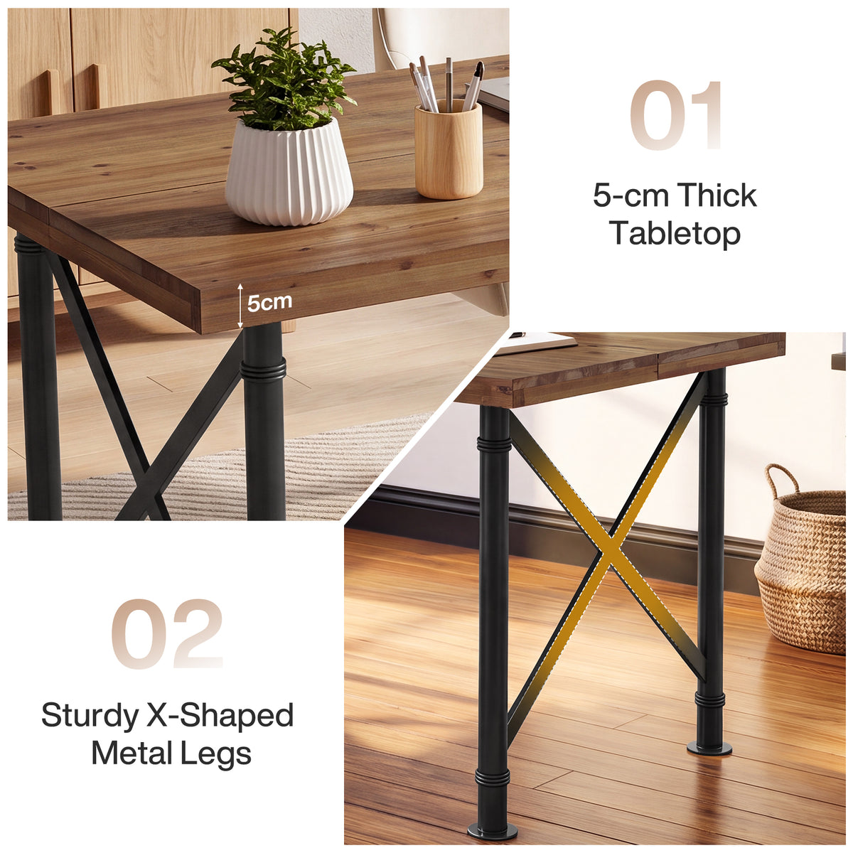 Tavolo da Pranzo Rustico in Legno Massello con Gambe in Metallo, 160 cm