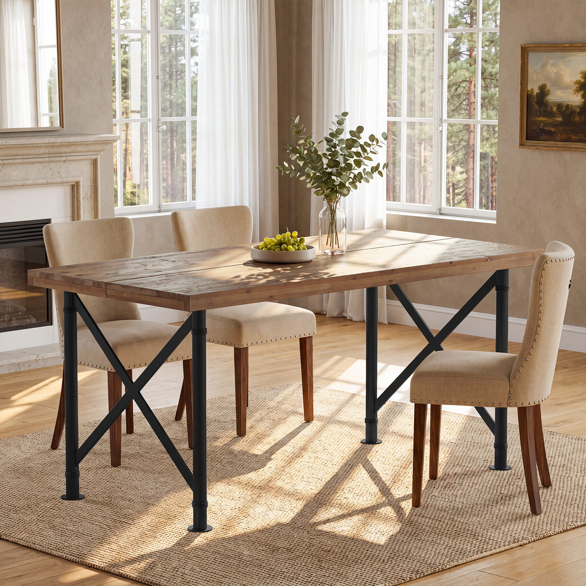 Tavolo da Pranzo Rustico in Legno Massello con Gambe in Metallo, 160 cm