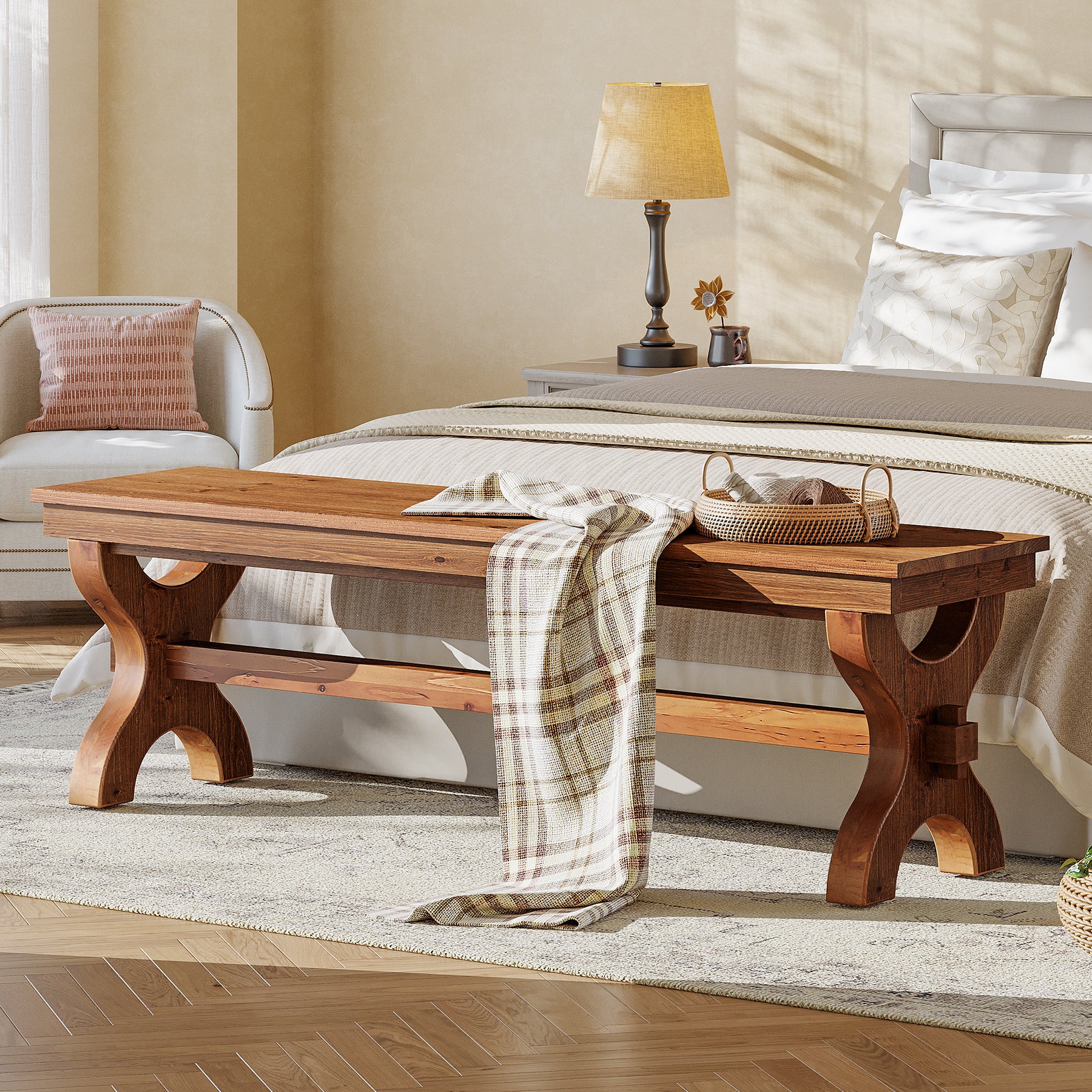 Panca Portascarpe Country in Legno Massello, 140 cm, per Ingresso e Sala da Pranzo