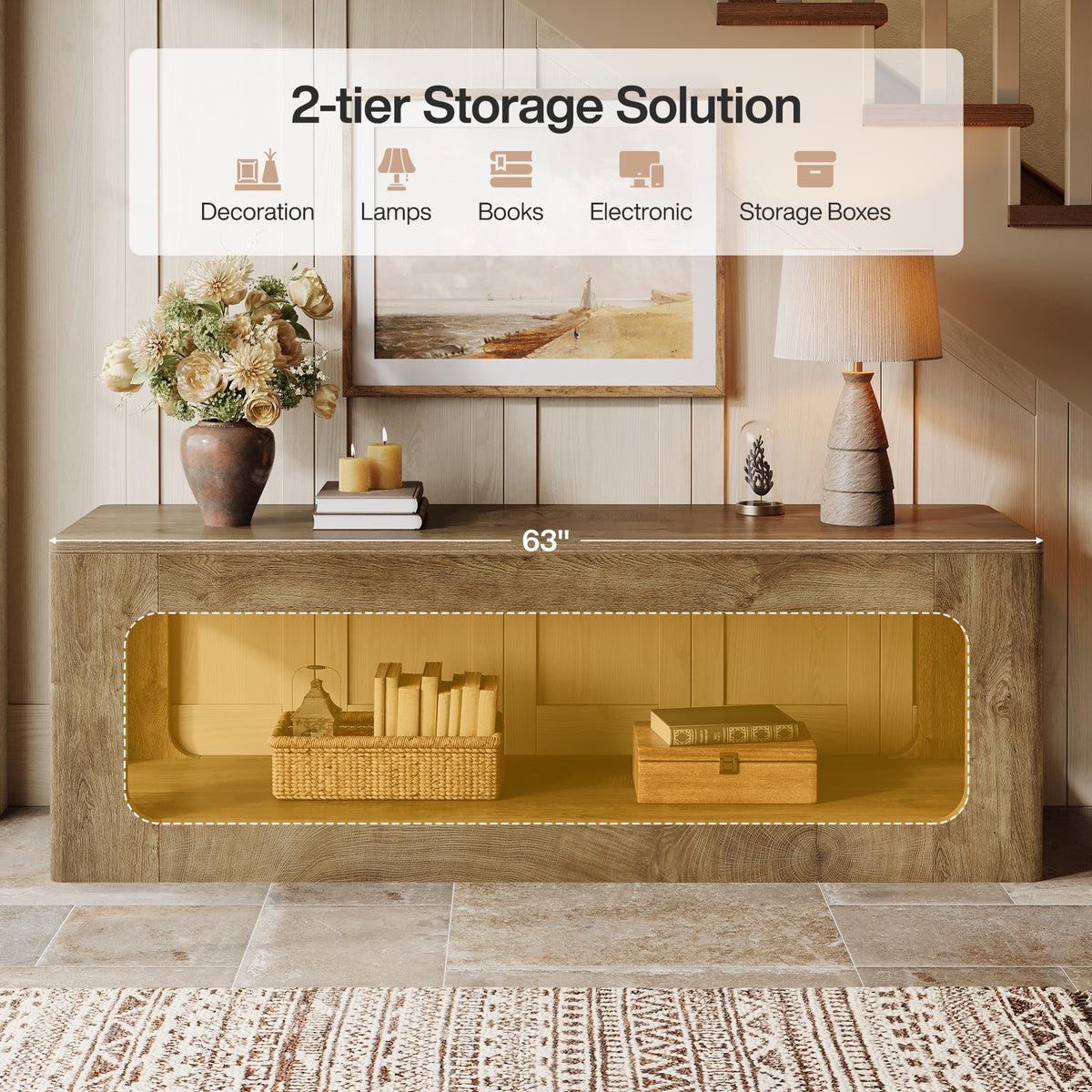 Consolle Country a 2 Ripiani con Design Circolare, 160 cm, per Ingresso
