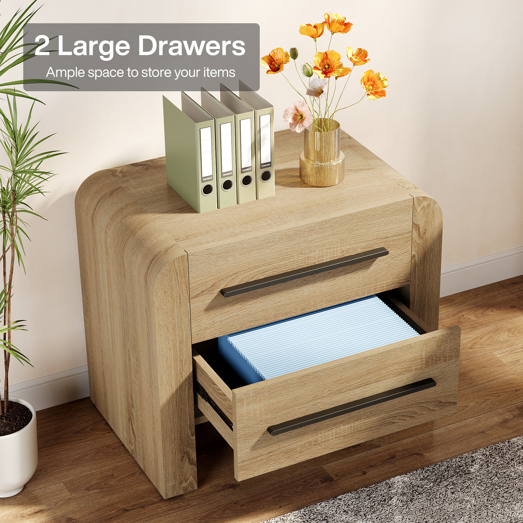 Comodino Moderno con 2 Cassetti e Vano Contenitore, H 70 cm, per Camera da Letto