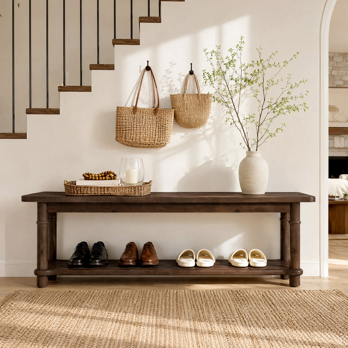 Panca Country in Legno Massello a 2 Ripiani Portascarpe, 140 cm, per Ingresso