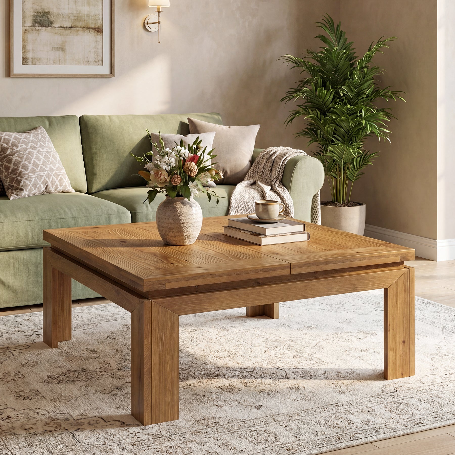 Tribesigns Tavolino da caffè quadrato da 100 cm in legno massello con bordo incassato, stile rustico, ideale per il soggiorno