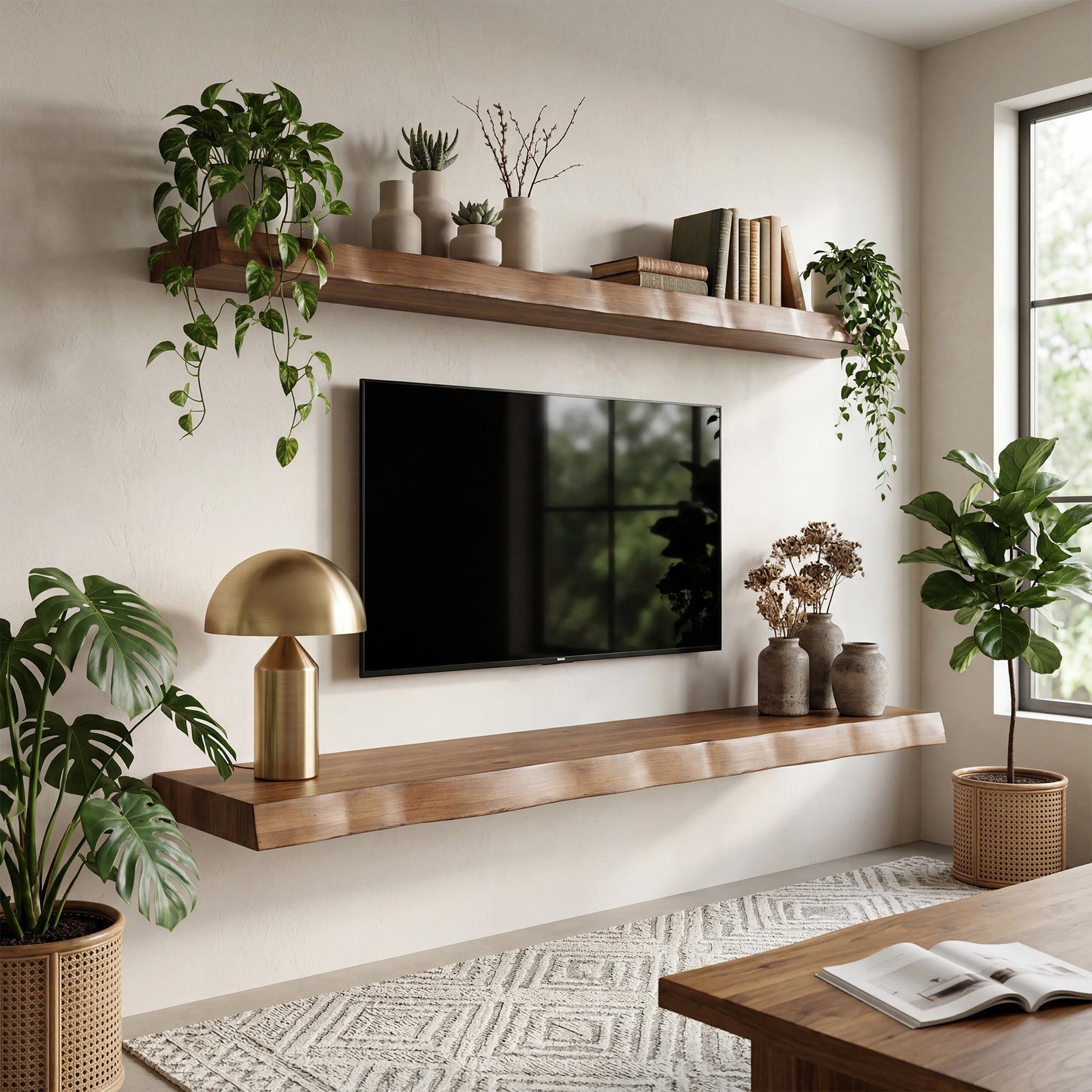 Mobile TV Sospeso in Legno Massello con Vano Contenitore, 160 cm, per TV fino a 65"