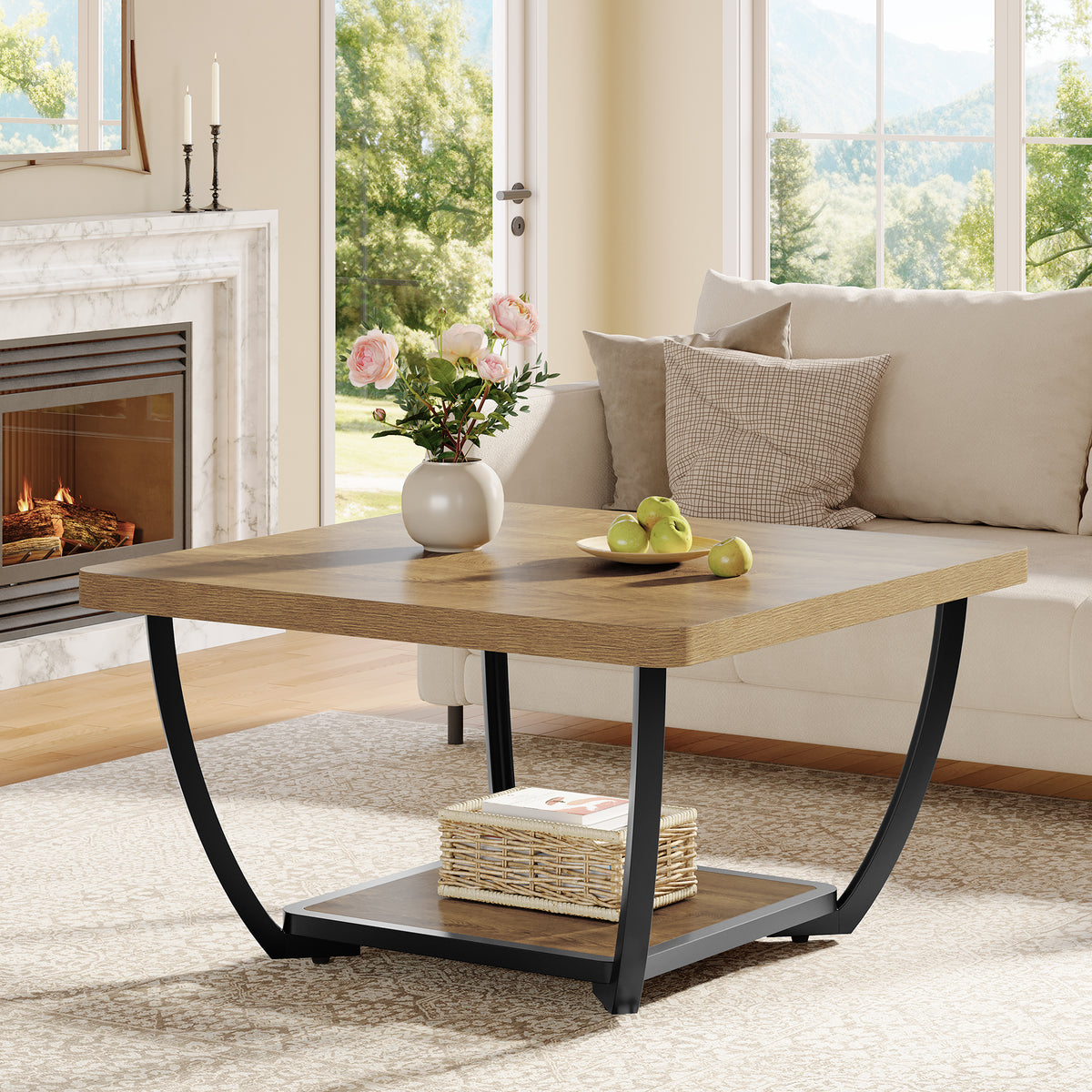Tavolino da Salotto Quadrato a 2 Ripiani con Struttura ad Arco in Metallo, 80 x 80 cm, per Soggiorno