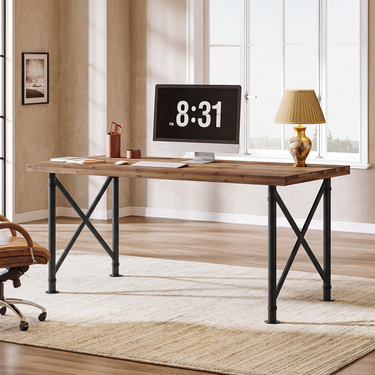 Scrivania Industriale in Legno Massello con Gambe a X in Metallo, 160 cm