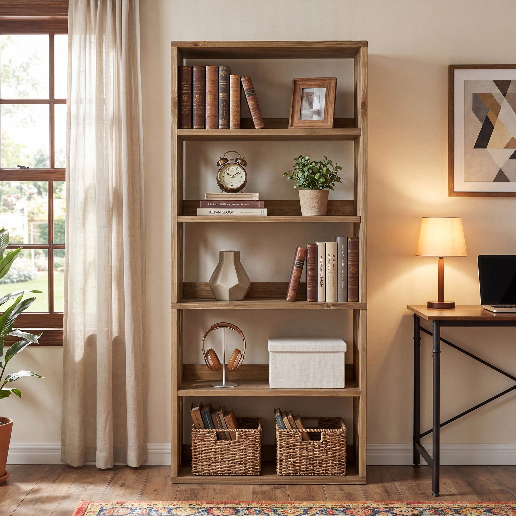 Libreria in Legno Massello a 5 Ripiani con Vani Aperti, 180 cm, Stile Country, per Soggiorno e Studio