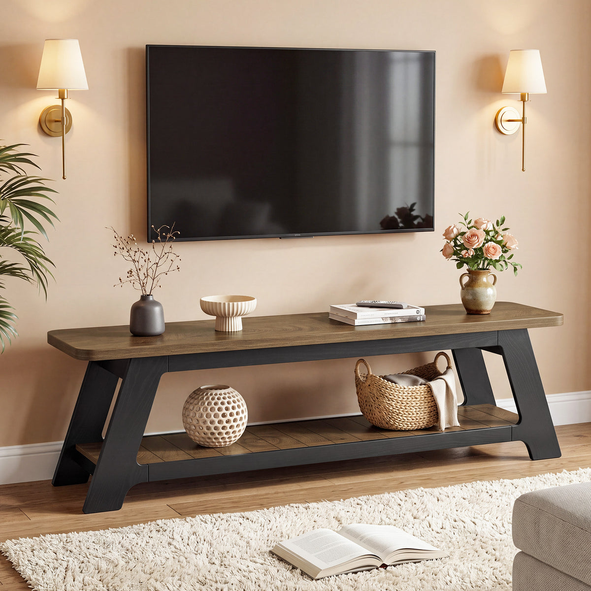 Mobile TV Moderno Country con Ripiano Aperto, 160 cm, per TV fino a 70", per Soggiorno