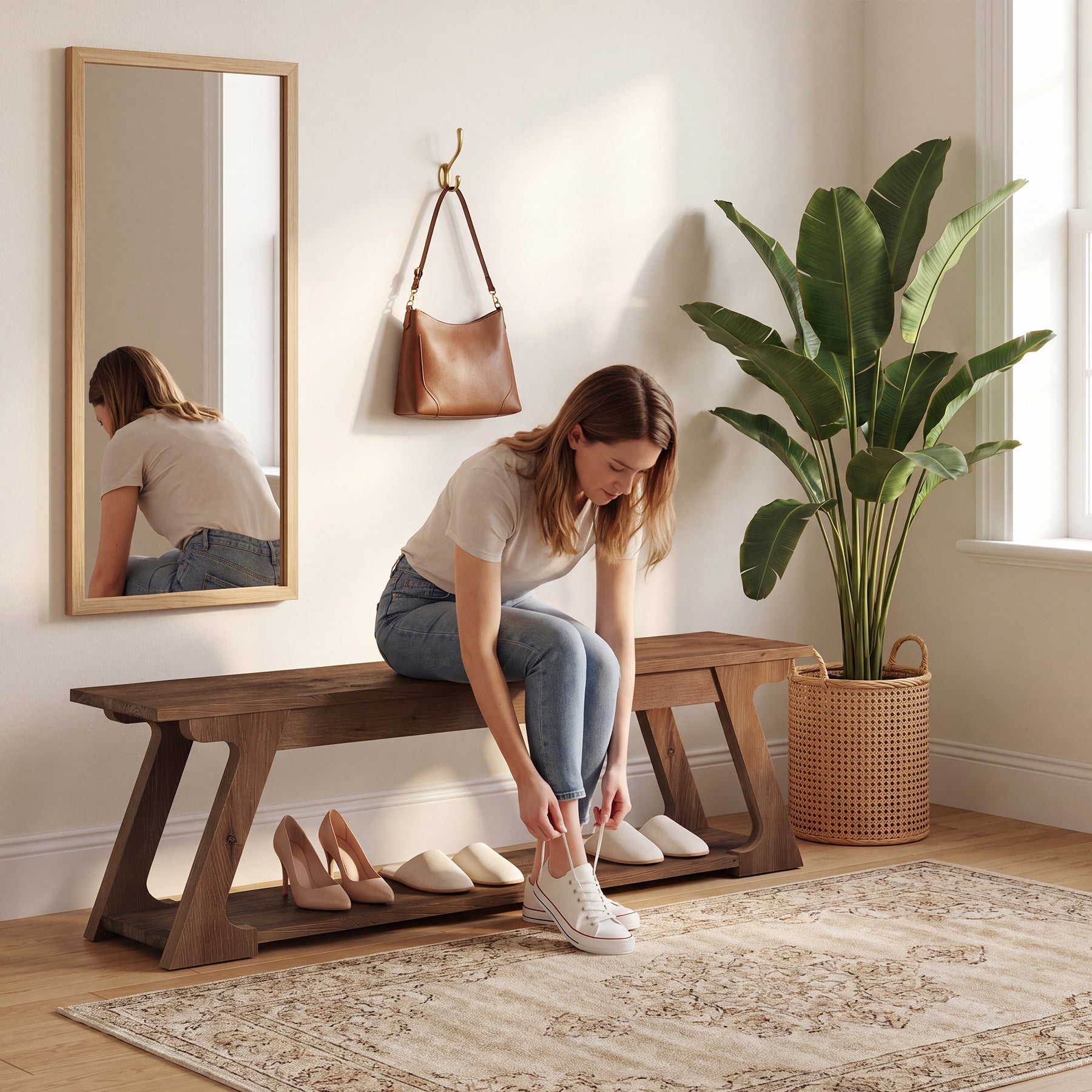 Panca da Ingresso Country in Legno Massello con Vano Contenitore, 150 cm, per Ingresso