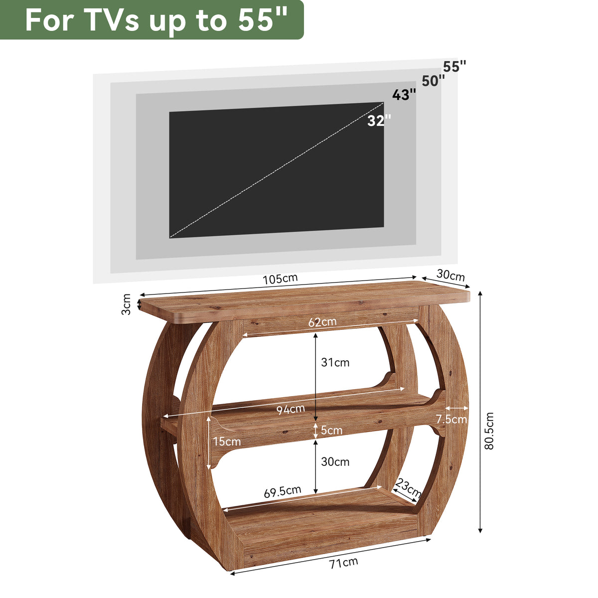 Consolle in Legno Massello con Base a O, 105 cm, per Ingresso