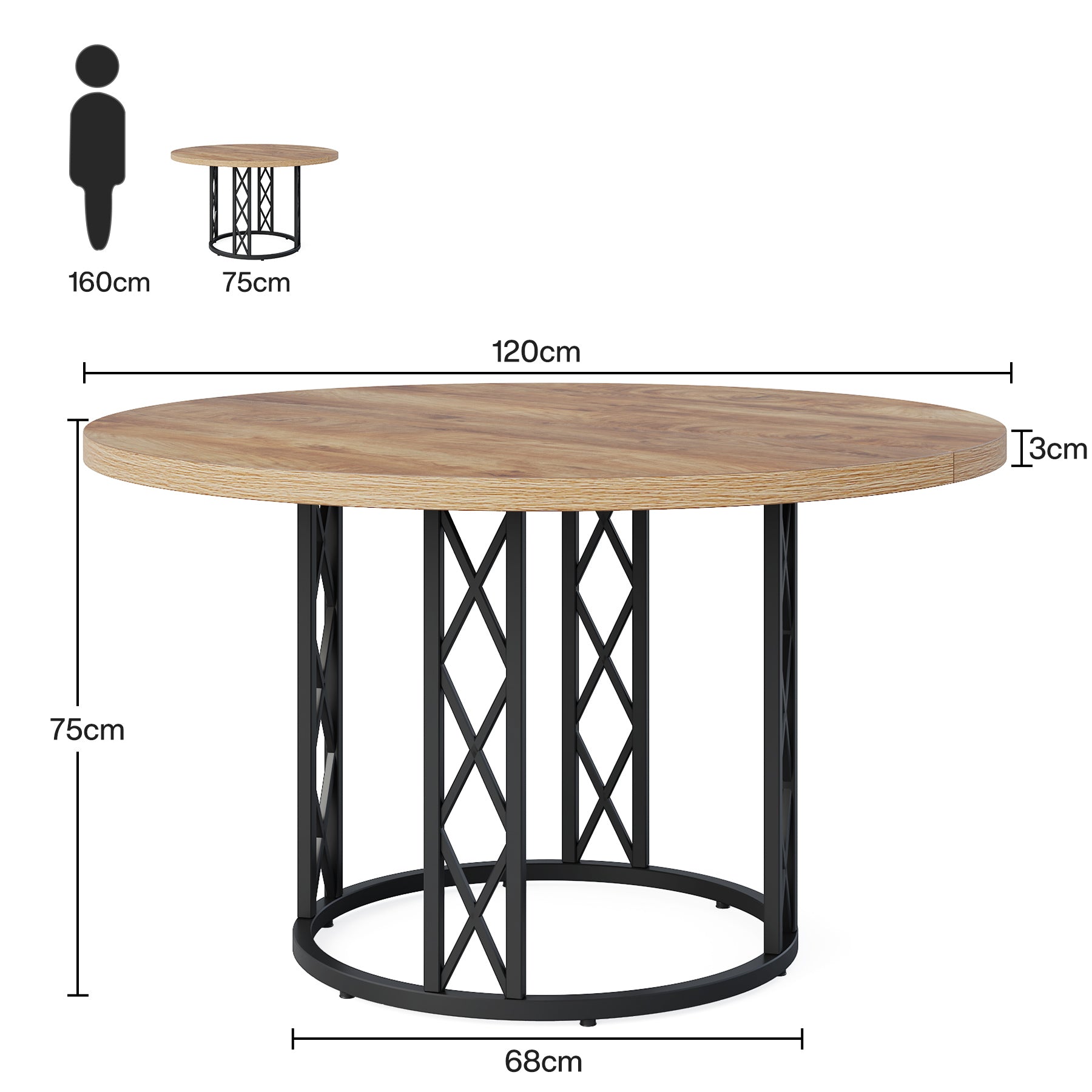 Tavolo da Pranzo Rotondo Moderno con Struttura in Metallo, Ø 120 cm, per 4-6 Persone