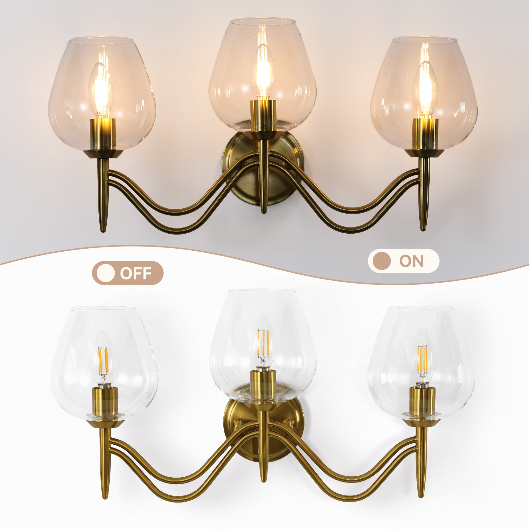 Applique da Bagno a 3 Luci E14 in Ottone con Vetro Trasparente, 58 cm, per Specchio
