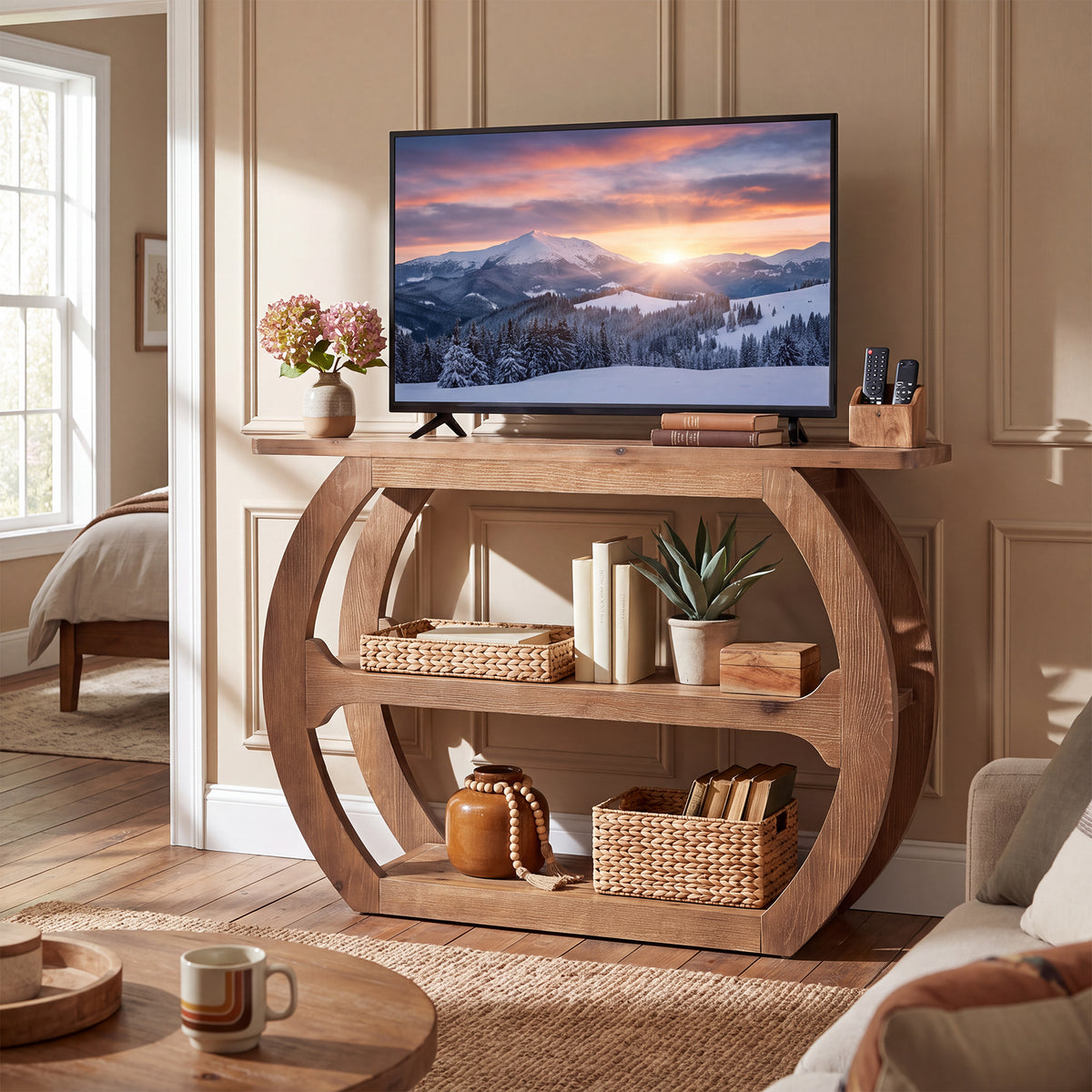 Consolle in Legno Massello con Base a O, 105 cm, per Ingresso