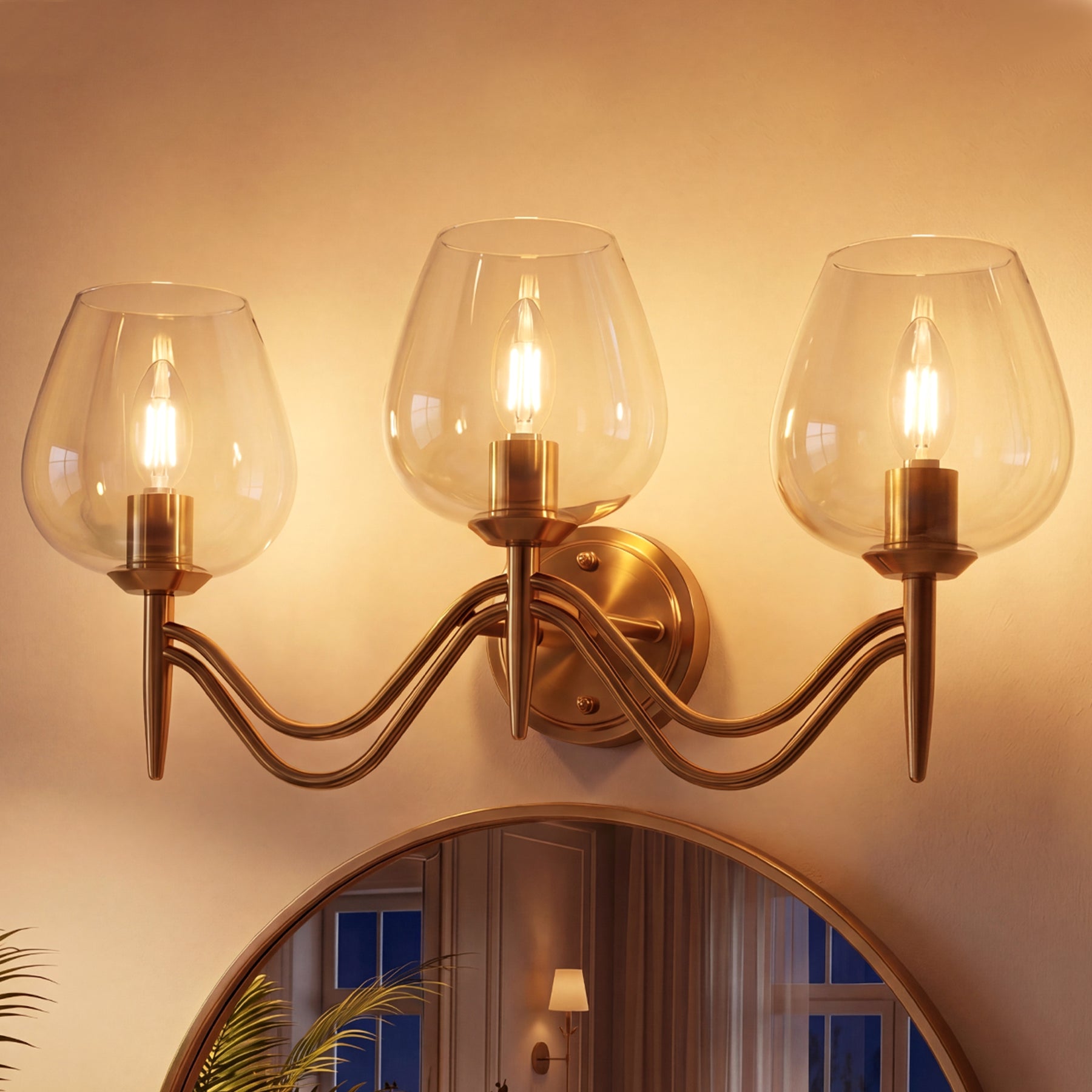 Applique da Bagno a 3 Luci E14 in Ottone con Vetro Trasparente, 58 cm, per Specchio