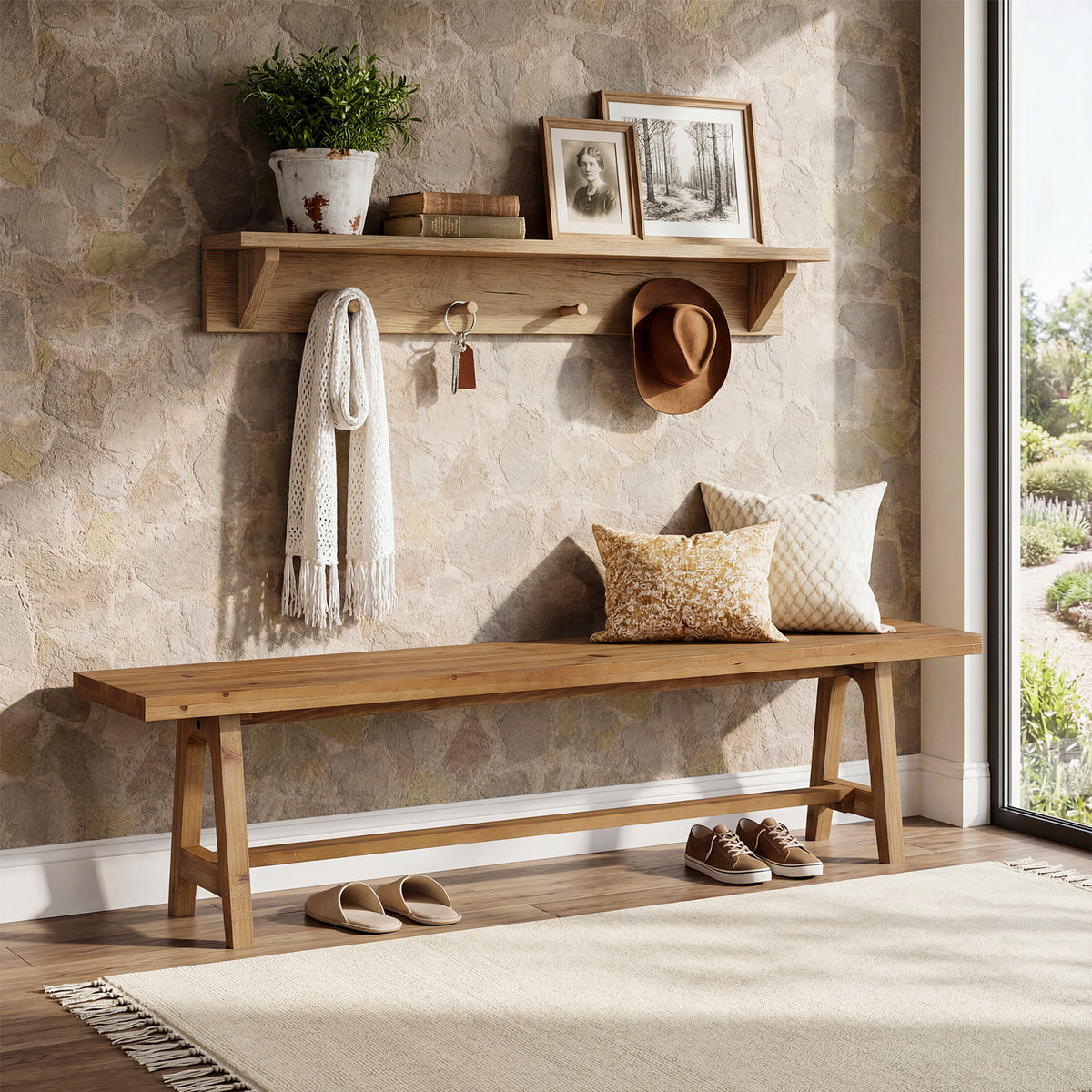 Panca Rustica in Legno Massello Portascarpe, 160 cm, per Ingresso e Corridoio