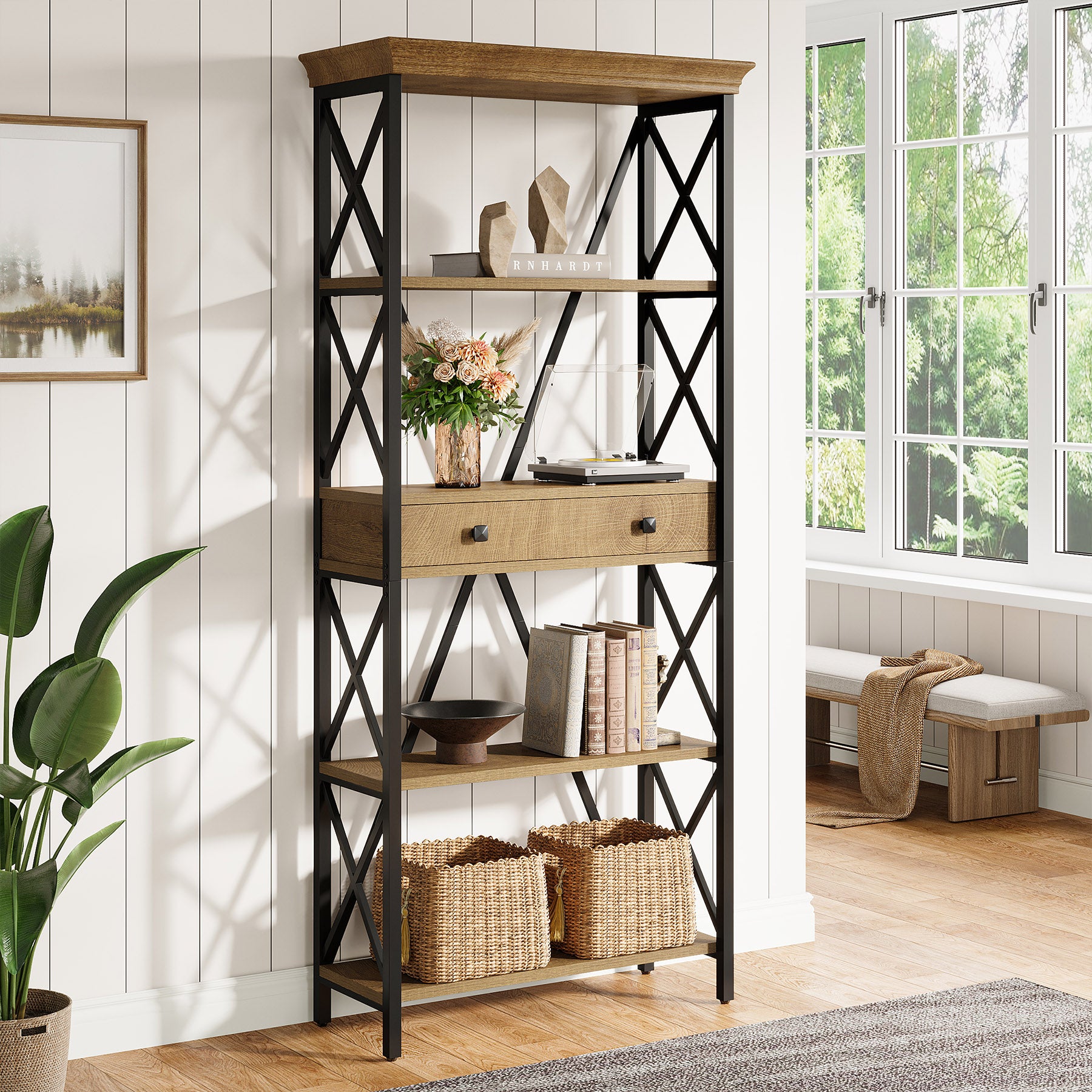Tribesigns Libreria da 180 cm, scaffali a 4 ripiani con cassetti robusti e struttura a X