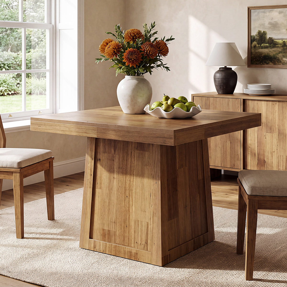 Tavolo da Pranzo Quadrato in Noce con Base Trapezoidale, 80 x 80 cm, per 2-4 Persone