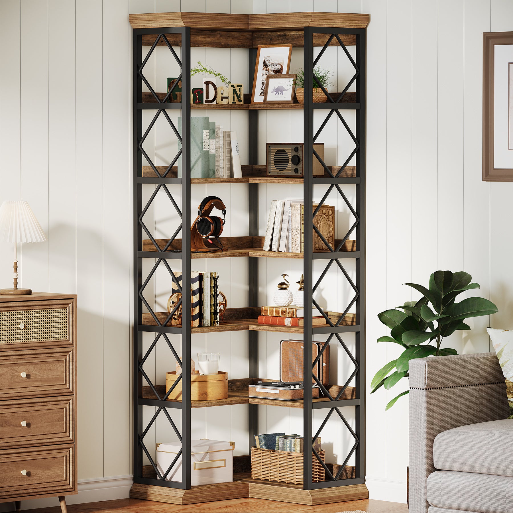 Tribesigns Libreria angolare alta 184 cm, grande libreria moderna con pannello posteriore