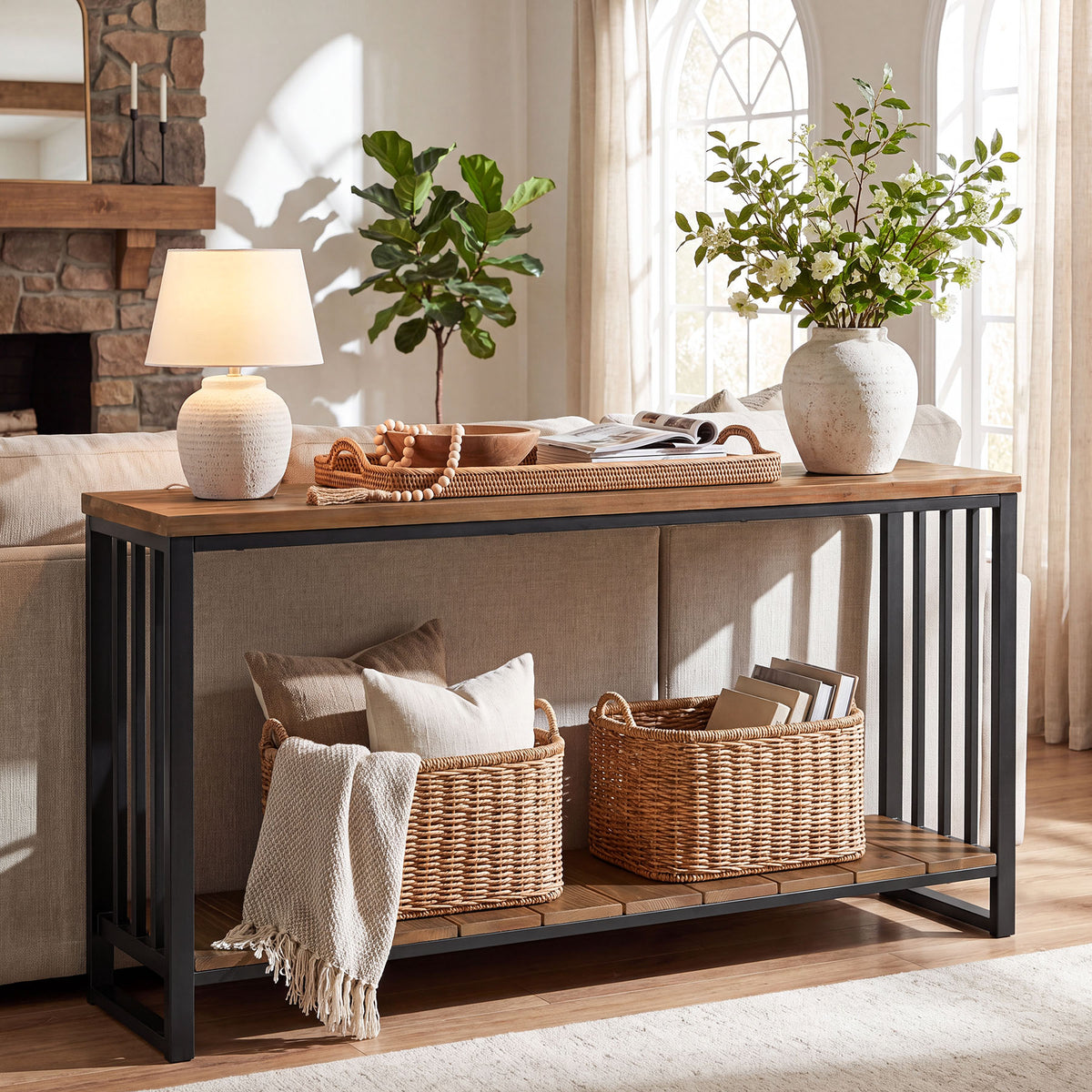 Consolle Stretta Country in Legno Massello con Ripiano, 140 cm, per Ingresso