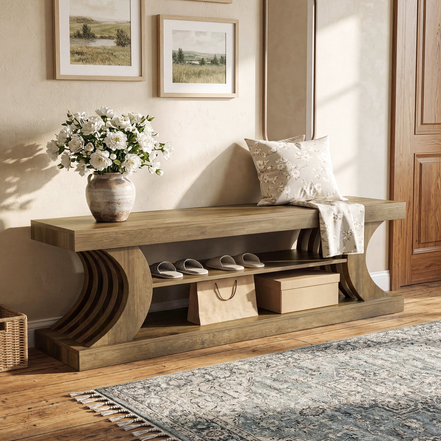 Panca Portascarpe Country a 3 Ripiani Aperti, 160 cm, per Ingresso e Corridoio