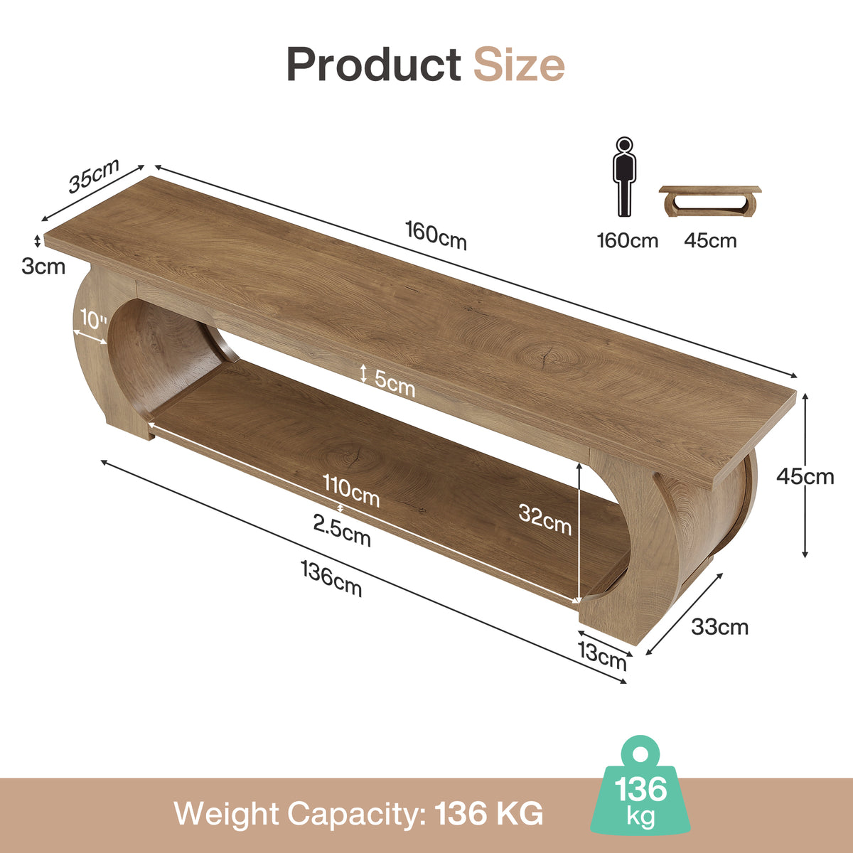 Panca Country con Ripiano Aperto e Struttura in Legno Curvata, 160 cm, per Camera da Letto