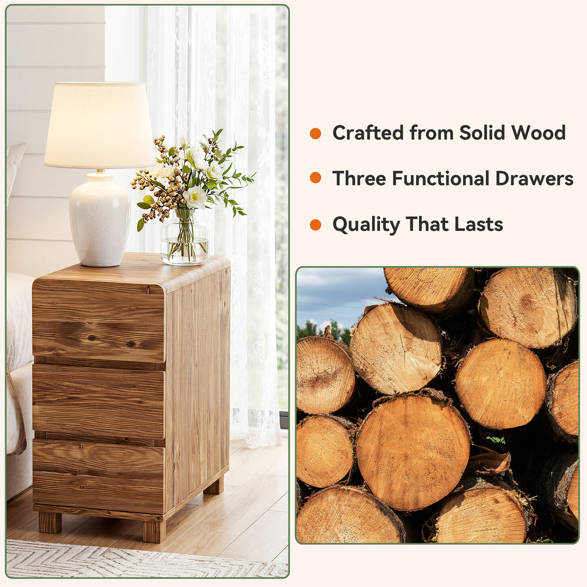 Comodino Stretto in Legno Massello con 3 Cassetti, 65 cm