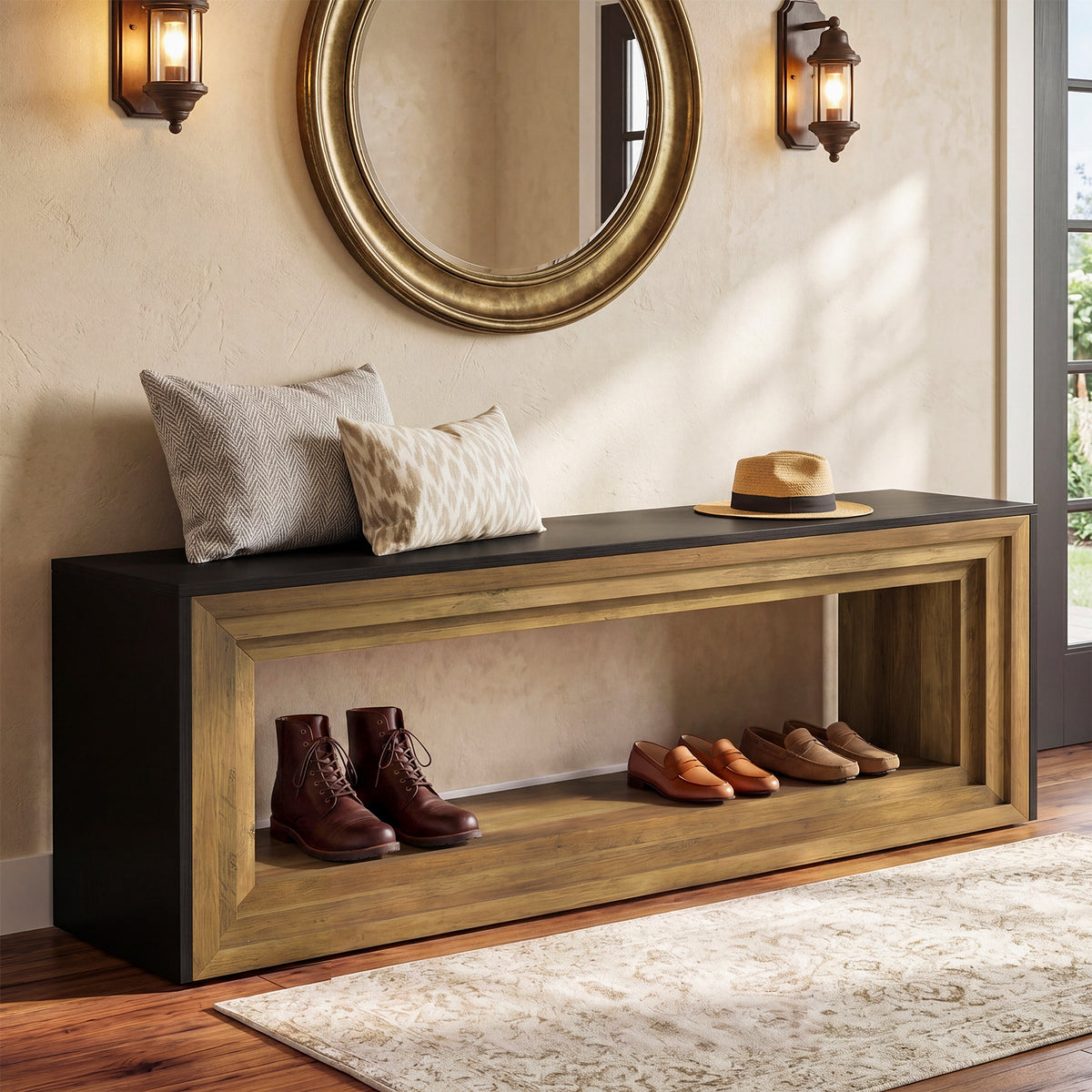 Panca Country con Vano Contenitore, 160 cm, per Ingresso, Utilizzabile come Mobile TV