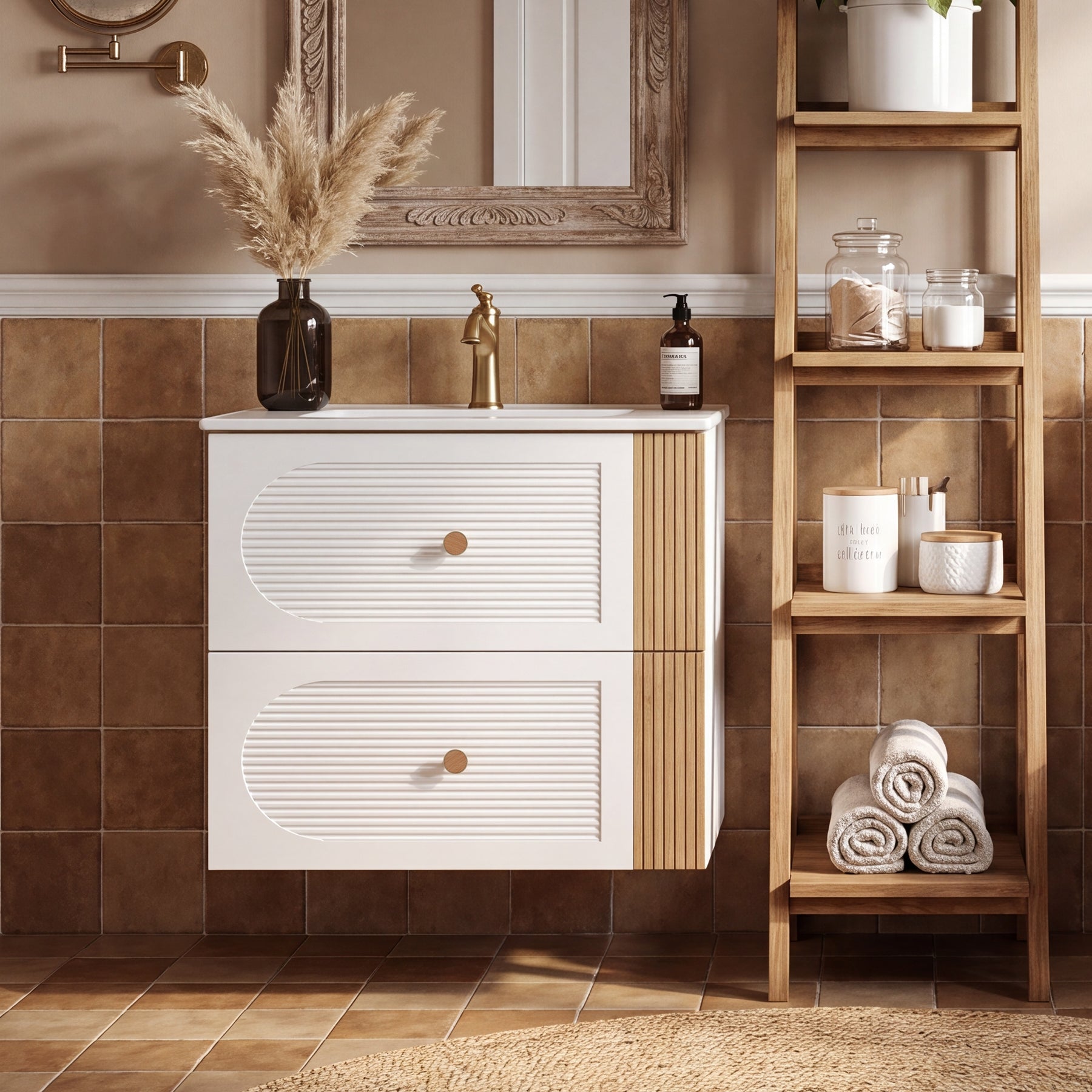 Tribesigns Mobile bagno con lavabo in ceramica da 60 cm, bianco, sospeso, 2 cassetti