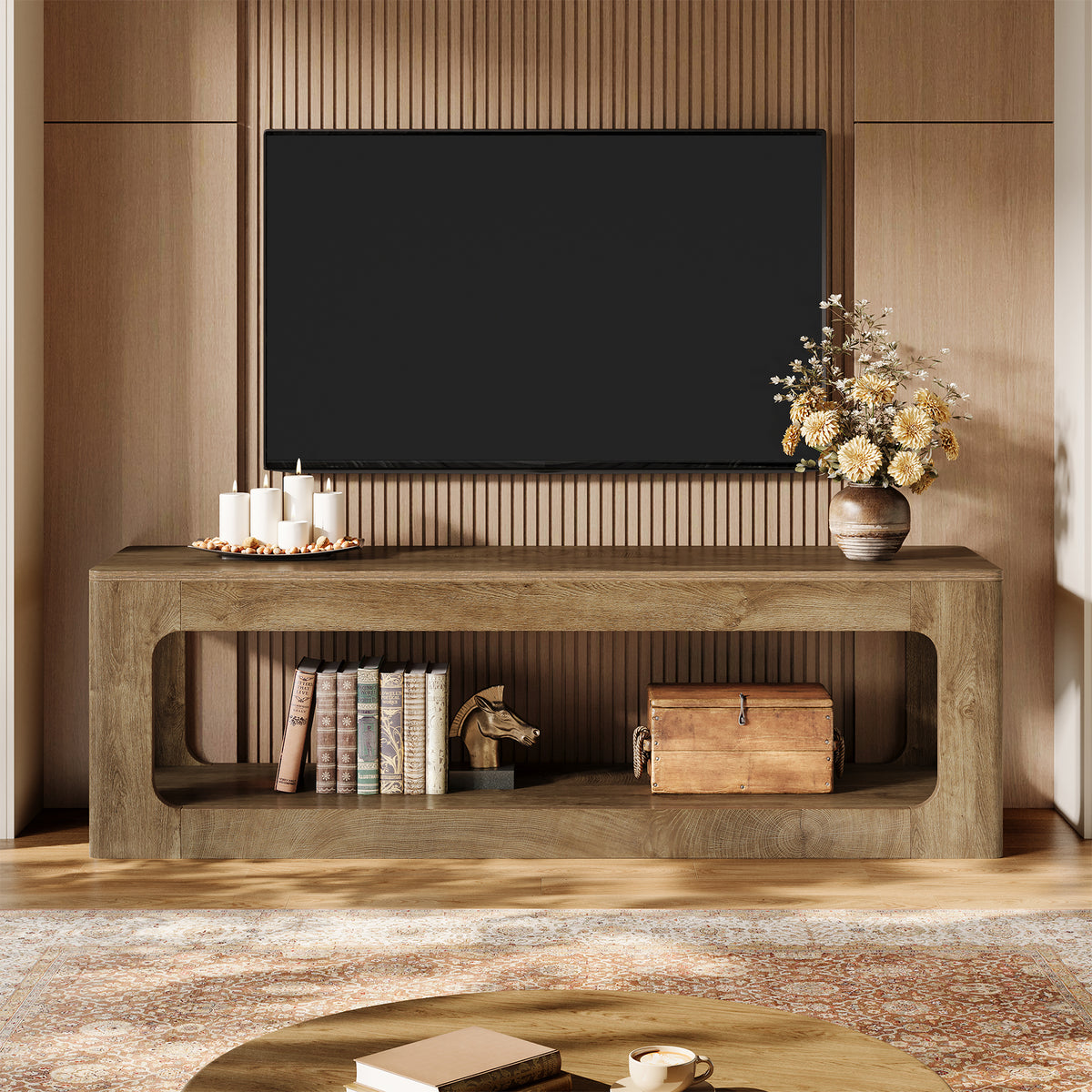 Mobile TV Country a 2 Ripiani con Decori Circolari Traforati, 160 cm, per Soggiorno
