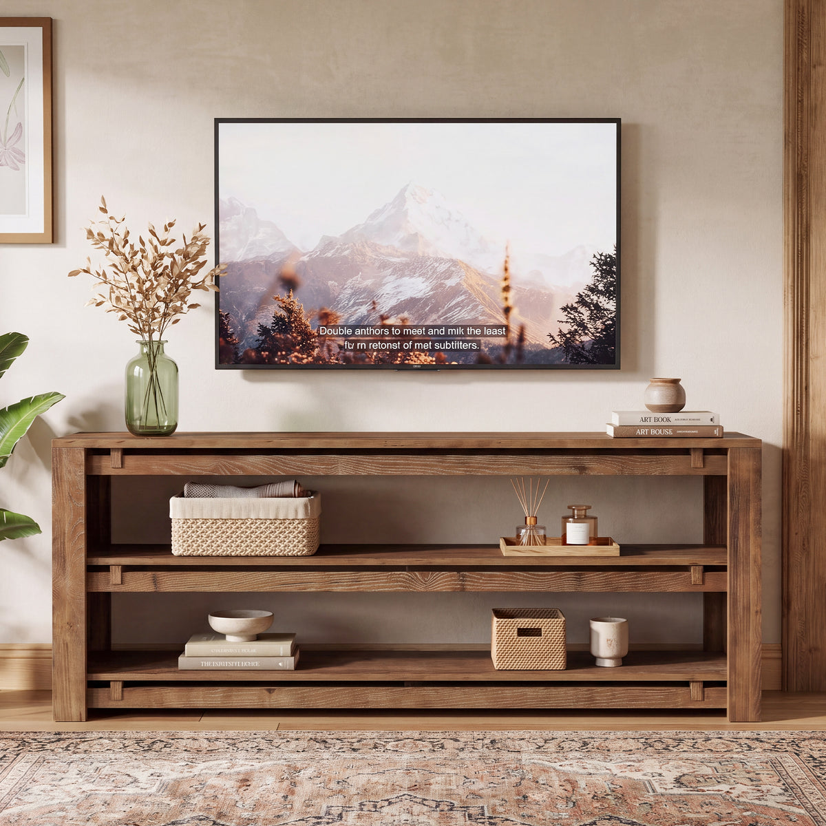 Mobile TV Rustico in Legno Massello a 3 Ripiani Aperti, 160 cm, per TV fino a 75"