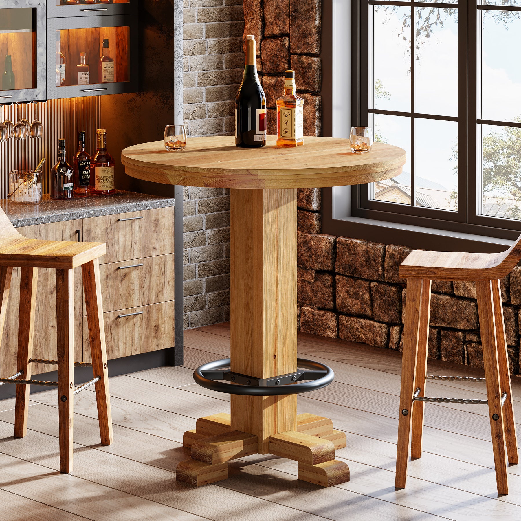 Tribesigns Tavolo da bar rotondo in legno massello, tavolo da bistrot alto 95 cm
