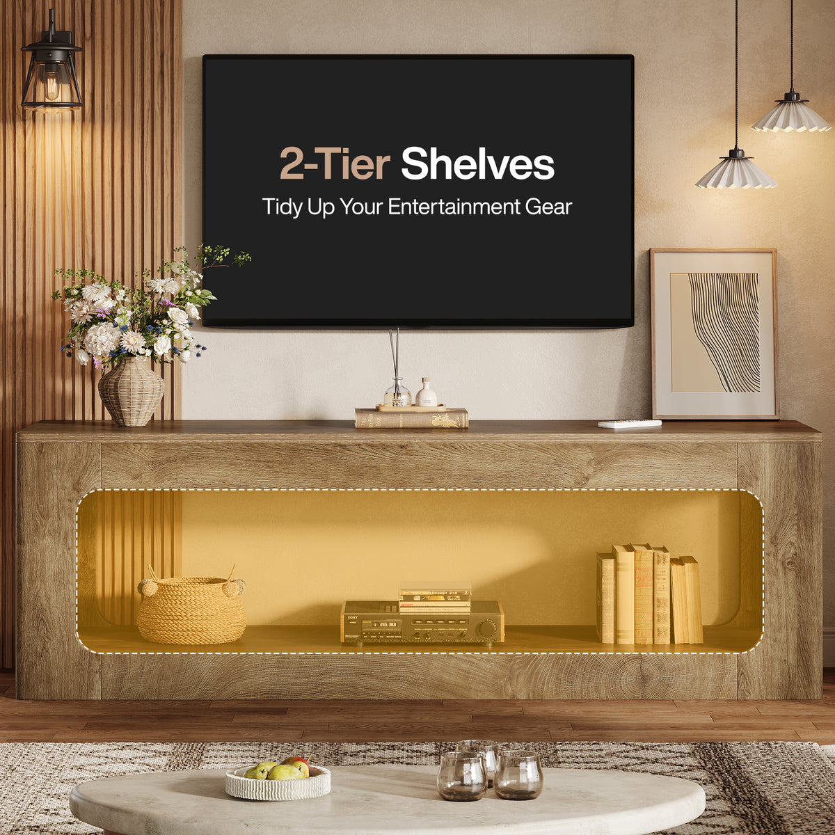 Mobile TV Country a 2 Ripiani con Decori Circolari Traforati, 160 cm, per Soggiorno