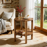 Tavolino Laterale Rotondo Country in Legno Massello con Ripiano, Ø 50 cm, per Camera da Letto 3