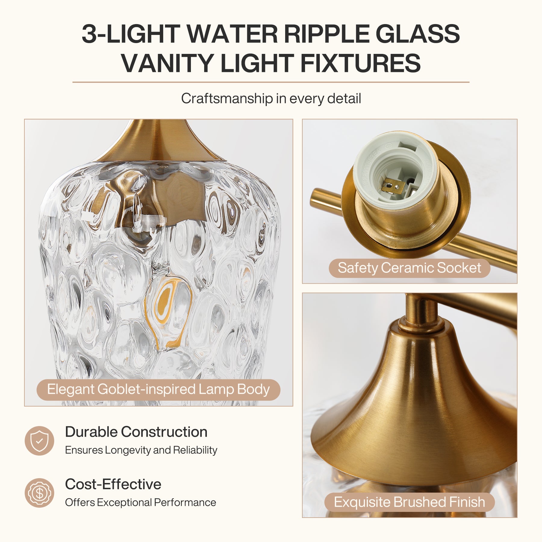 Tribesigns Applique da bagno a 3 luci, lampada da parete moderna con paralumi in vetro ondulato, attacco E27, luci per specchio da bagno, lampadine non incluse