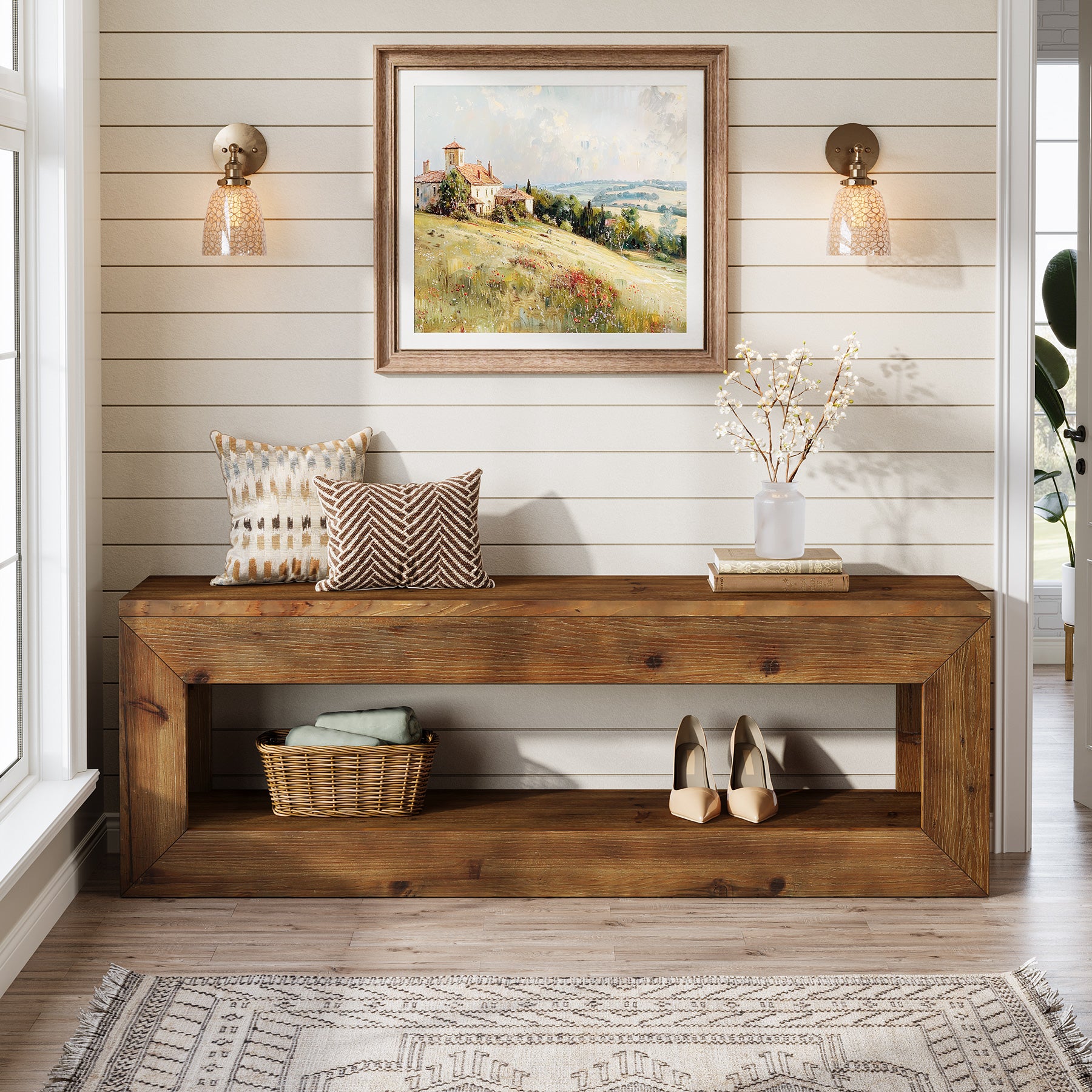 Tribesigns Panca d'ingresso in legno massello da 120 cm con ripiano contenitore, stile rustico