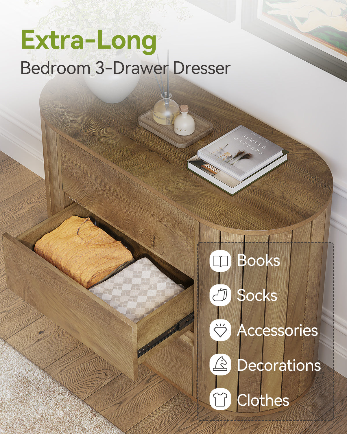 Tribesigns Credenza Moderna in Rovere con 3 Cassetti a Doghe, 90 cm, per Soggiorno
