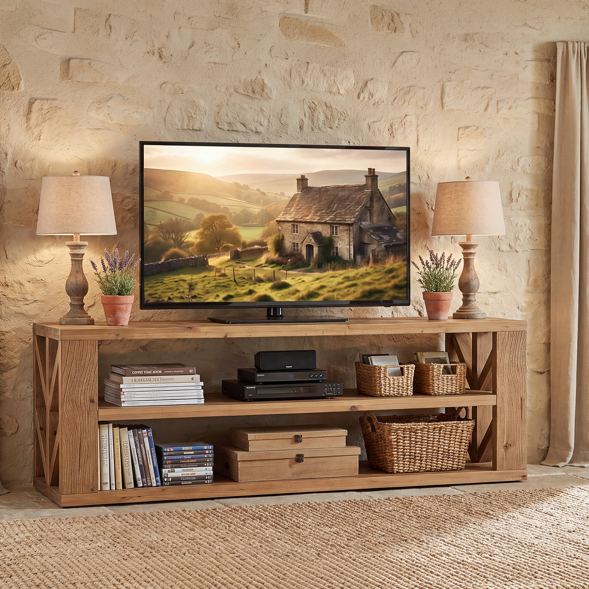 Mobile TV in Legno Massello a 3 Ripiani Aperti, 120 cm, per Soggiorno