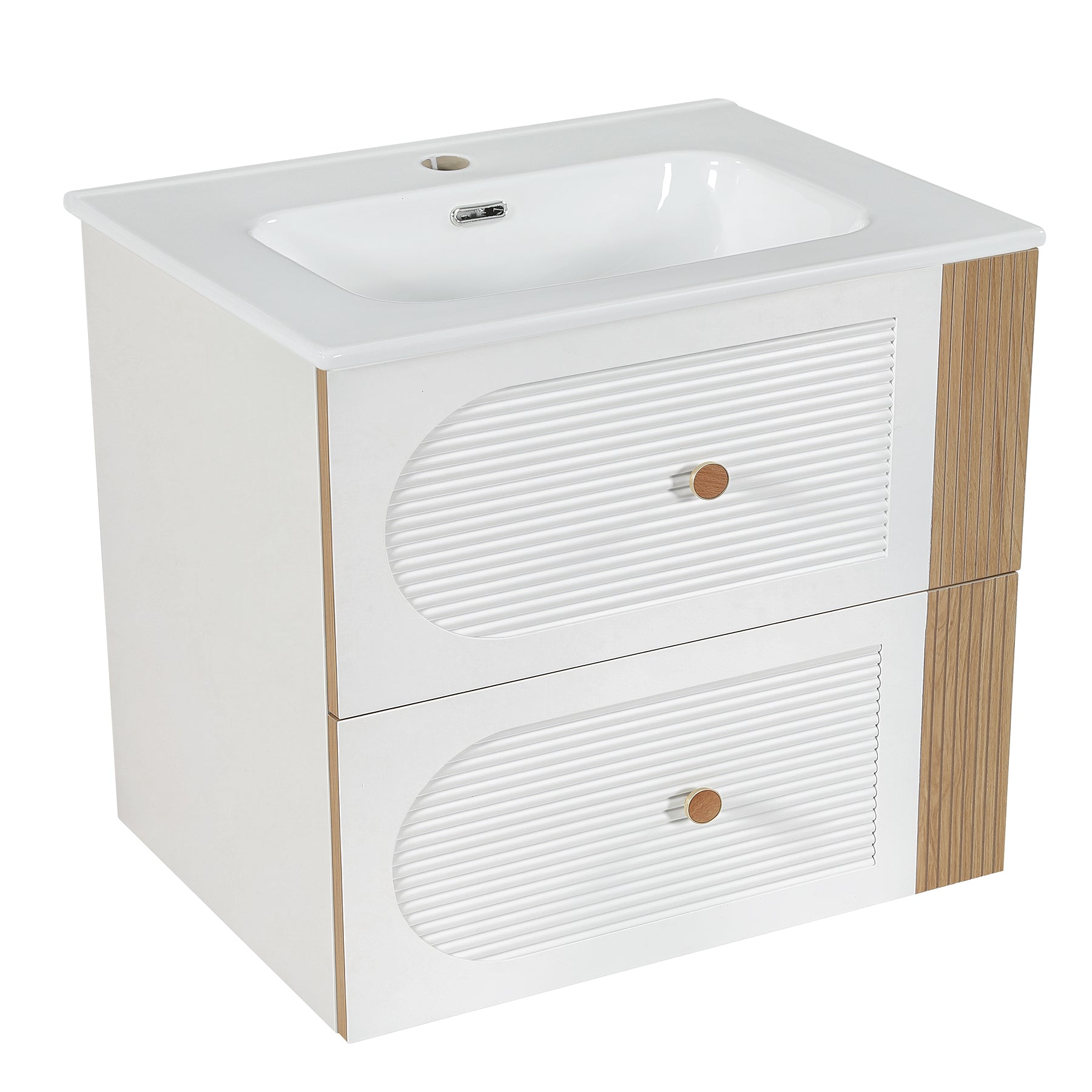 Tribesigns Mobile bagno con lavabo in ceramica da 60 cm, bianco, sospeso, 2 cassetti