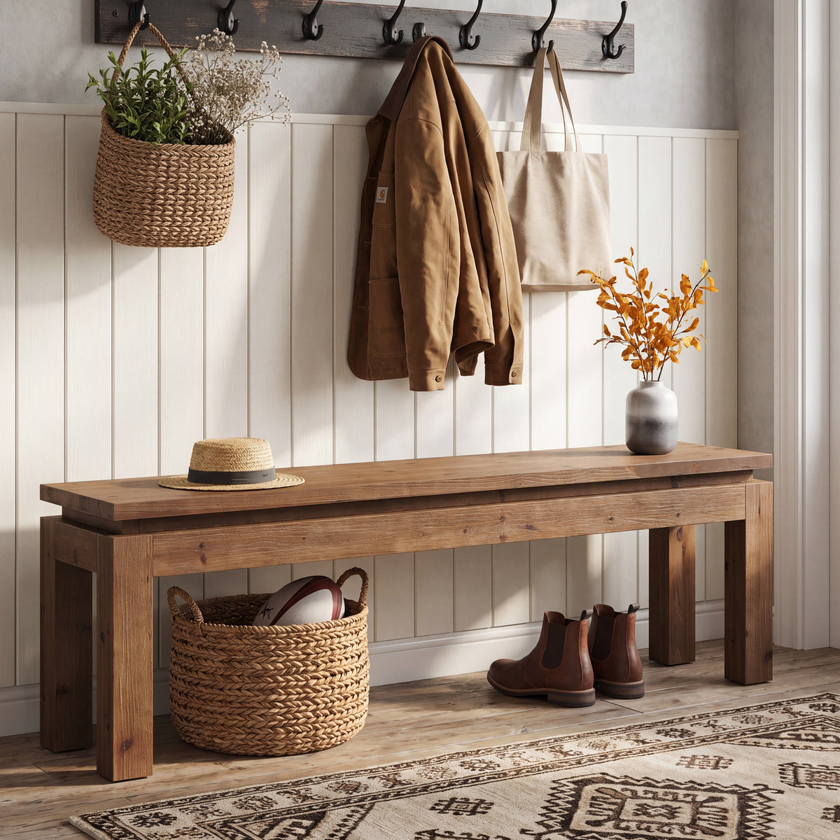 Panca Country in Legno Massello con Gambe a Blocco, 150 cm, per Sala da Pranzo