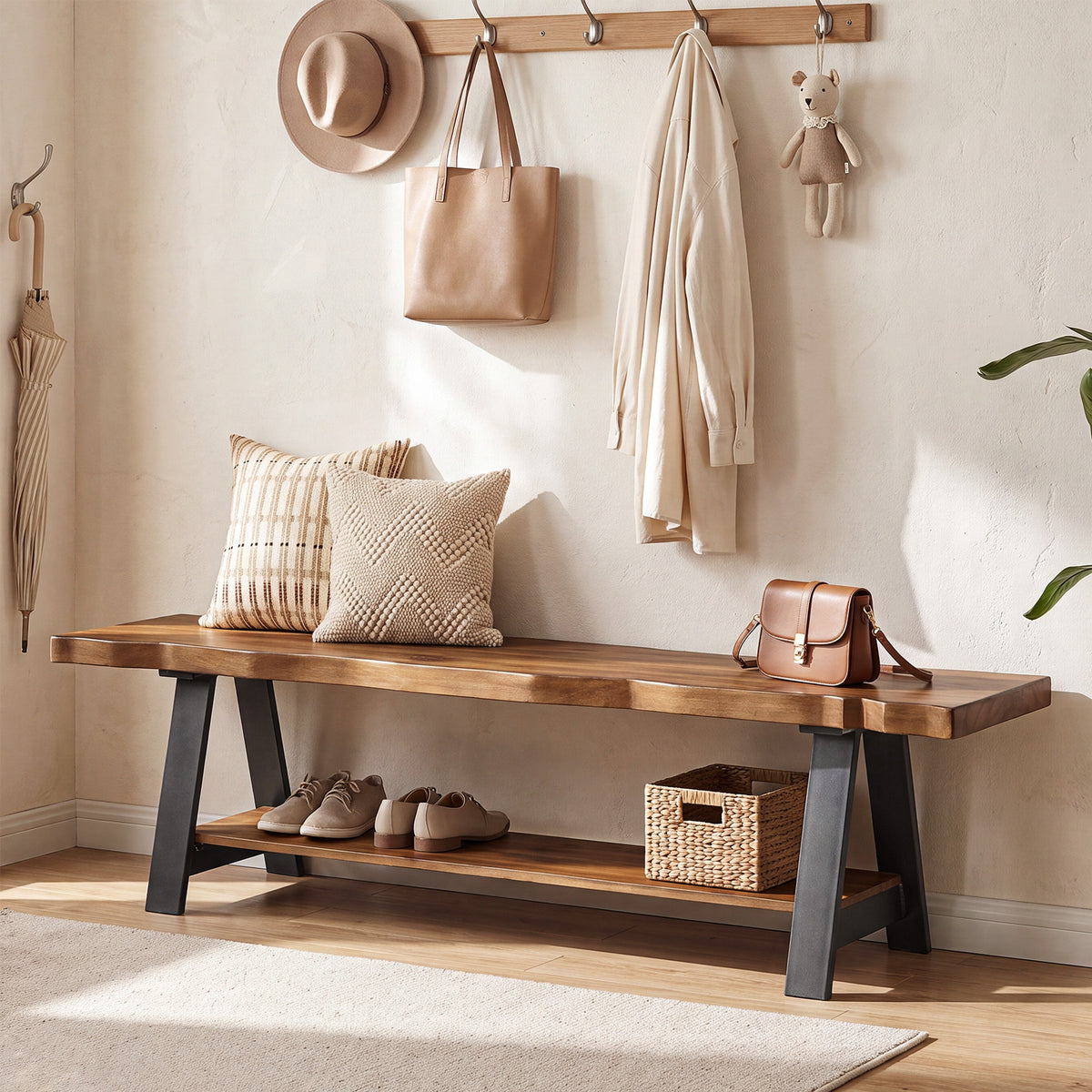 Panca Portascarpe in Legno Massello con Bordo Vivo e 2 Ripiani, 160 cm, per Ingresso