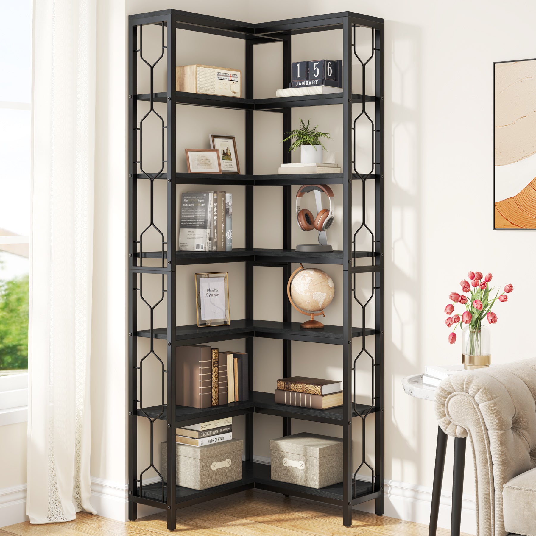Tribesigns Scaffale Angolare, Libreria Angolare Industriale a 7 livelli Mobile Angolare in Legno e Metallo