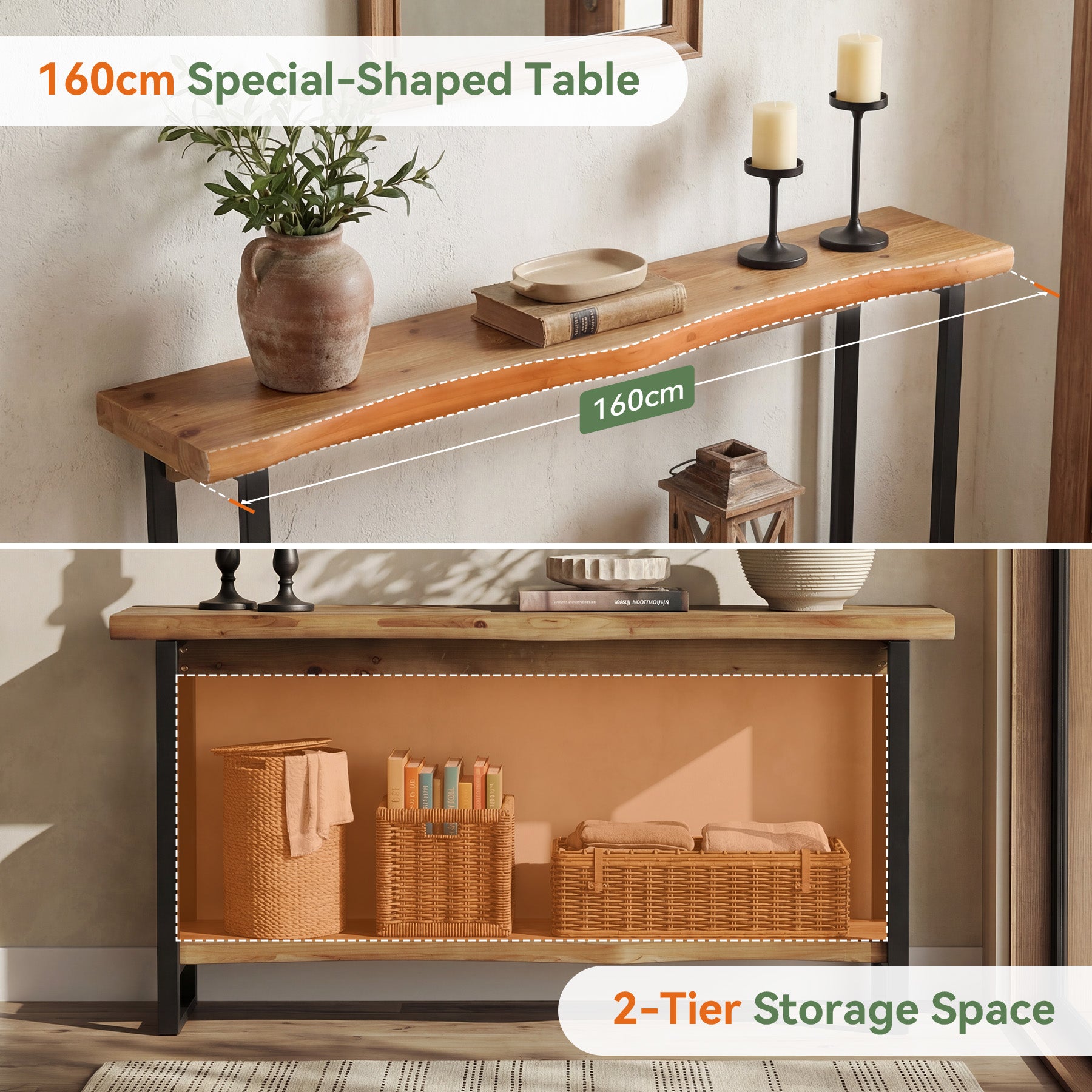 Tribesigns Tavolo consolle da 160 cm, Tavolino da divano in legno massiccio a 2 livelli