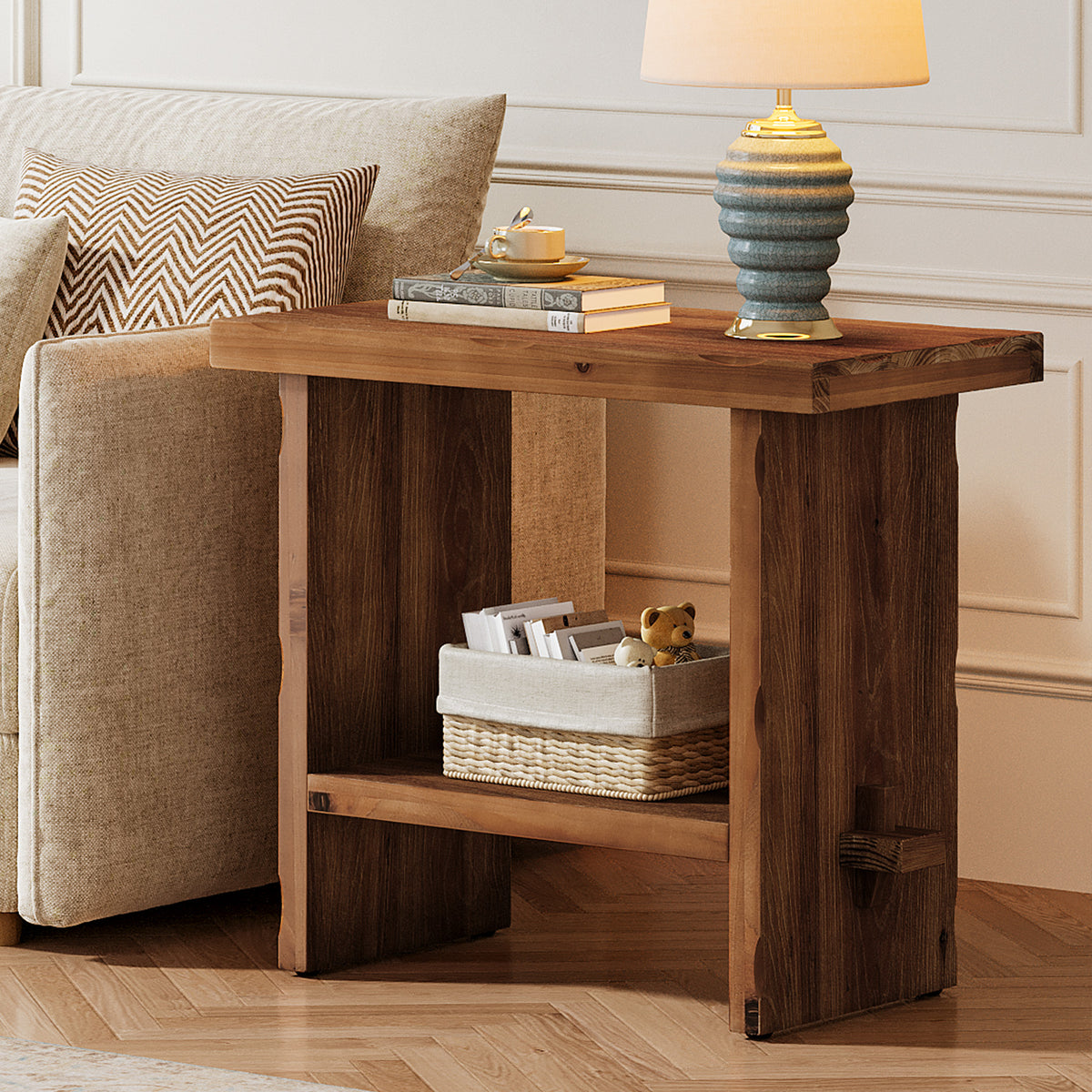 Tavolino Laterale Country in Legno Massello a 2 Ripiani, 60 cm, per Camera da Letto