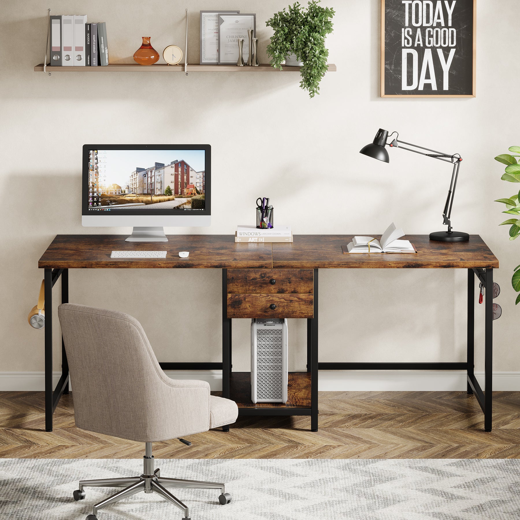 Tribesigns Scrivania doppia da 200 cm con 2 cassetti e ripiani, scrivania industriale per ufficio e studio
