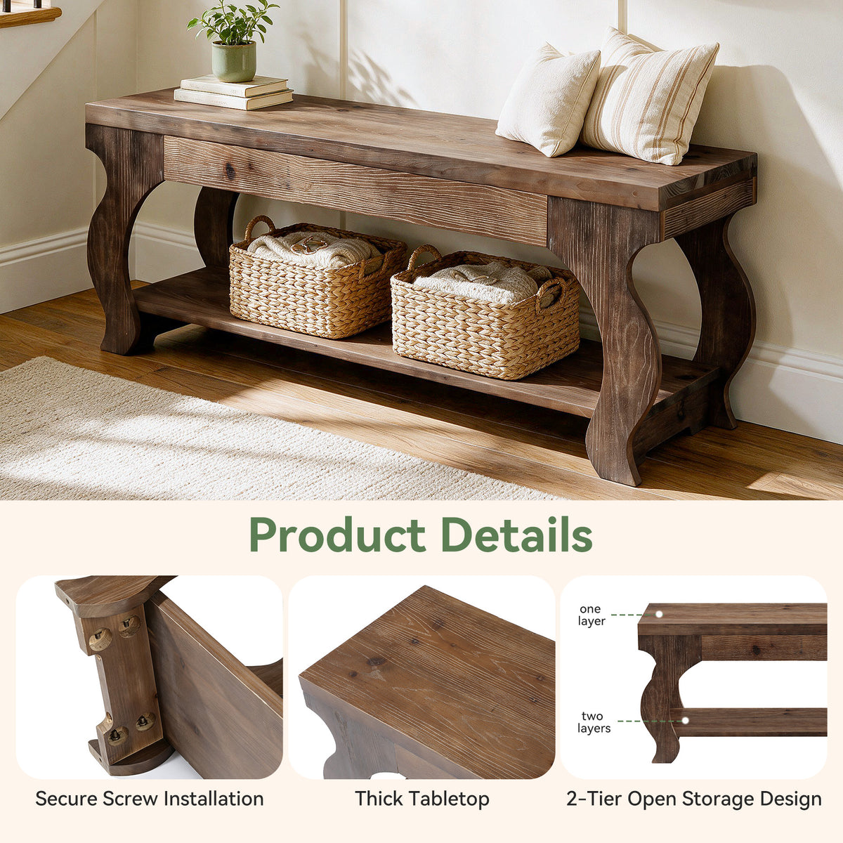 Panca Country in Legno Massello a 2 Ripiani, 140 cm, per Ingresso