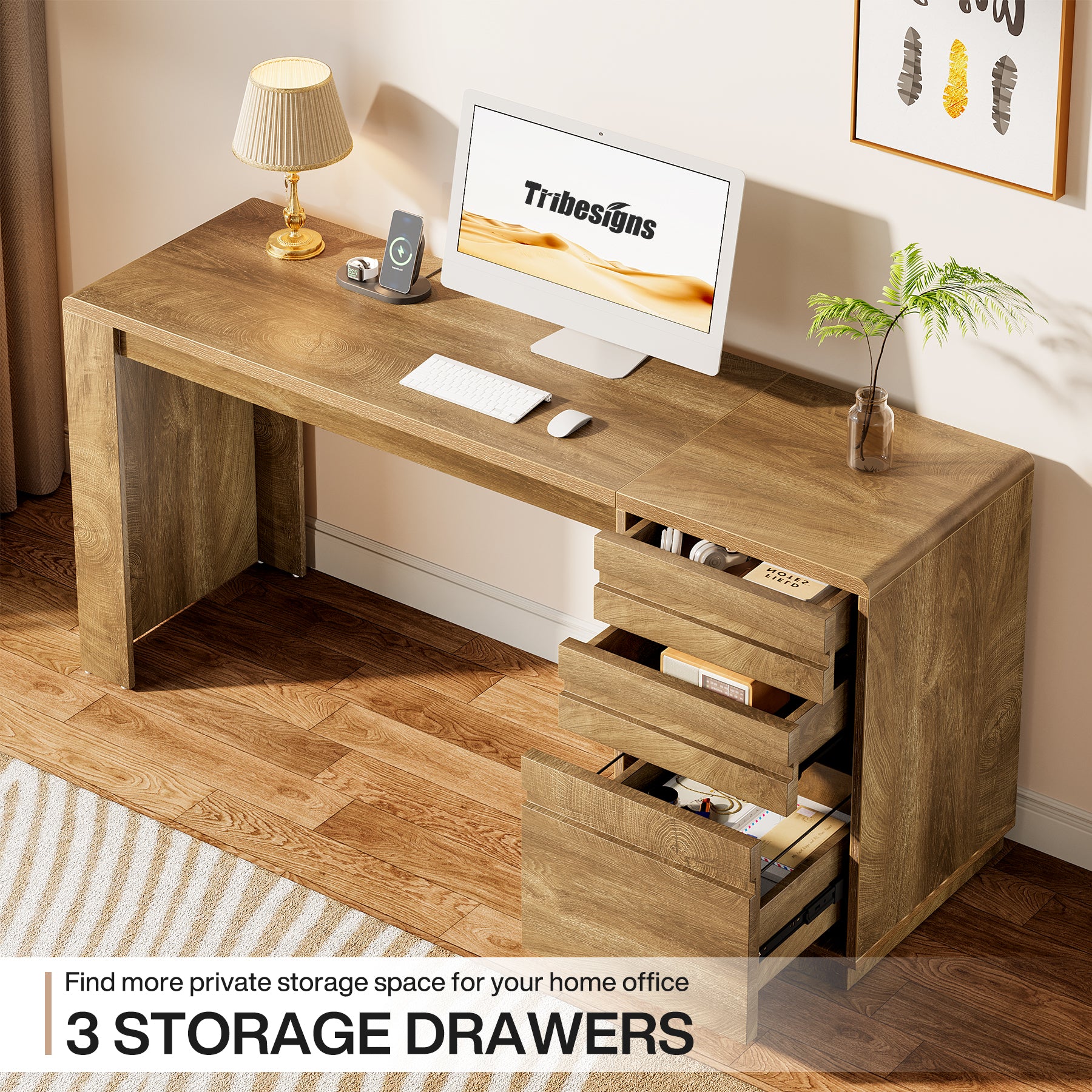 Tribesigns Scrivania per computer da 140 cm, scrivania direzionale in stile rustico a 3 cassetti